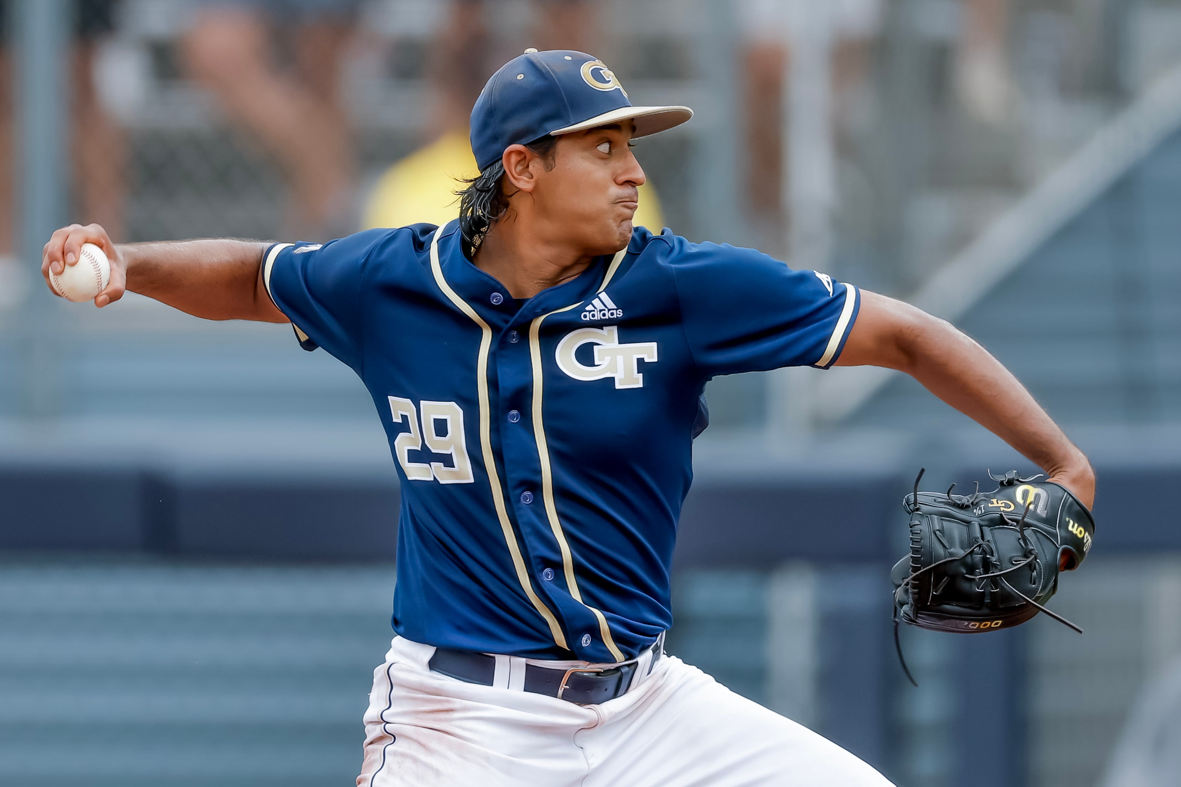 Georgia Tech pitcher Mason Patel (29) delivers to an Oklahoma batter during the sixth inning of the Atlanta Regional elimination baseball game at Russ Chandler Stadium, Monday, June 1, 2026, in Atlanta. (Erik S. Lesser for the AJC)
