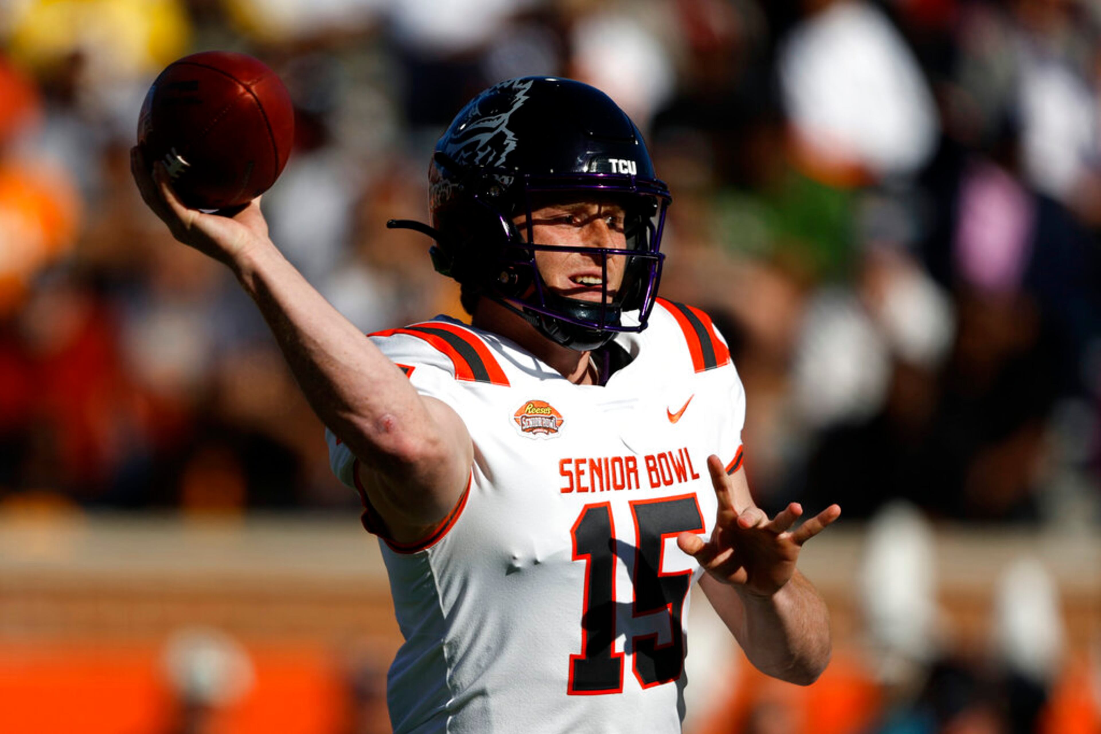 American quarterback Max Duggan of TCU (15) throws a pass during the first half of the Senior Bowl NCAA college football game, Saturday, Feb. 4, 2023, in Mobile, Ala.. (AP Photo/Butch Dill)