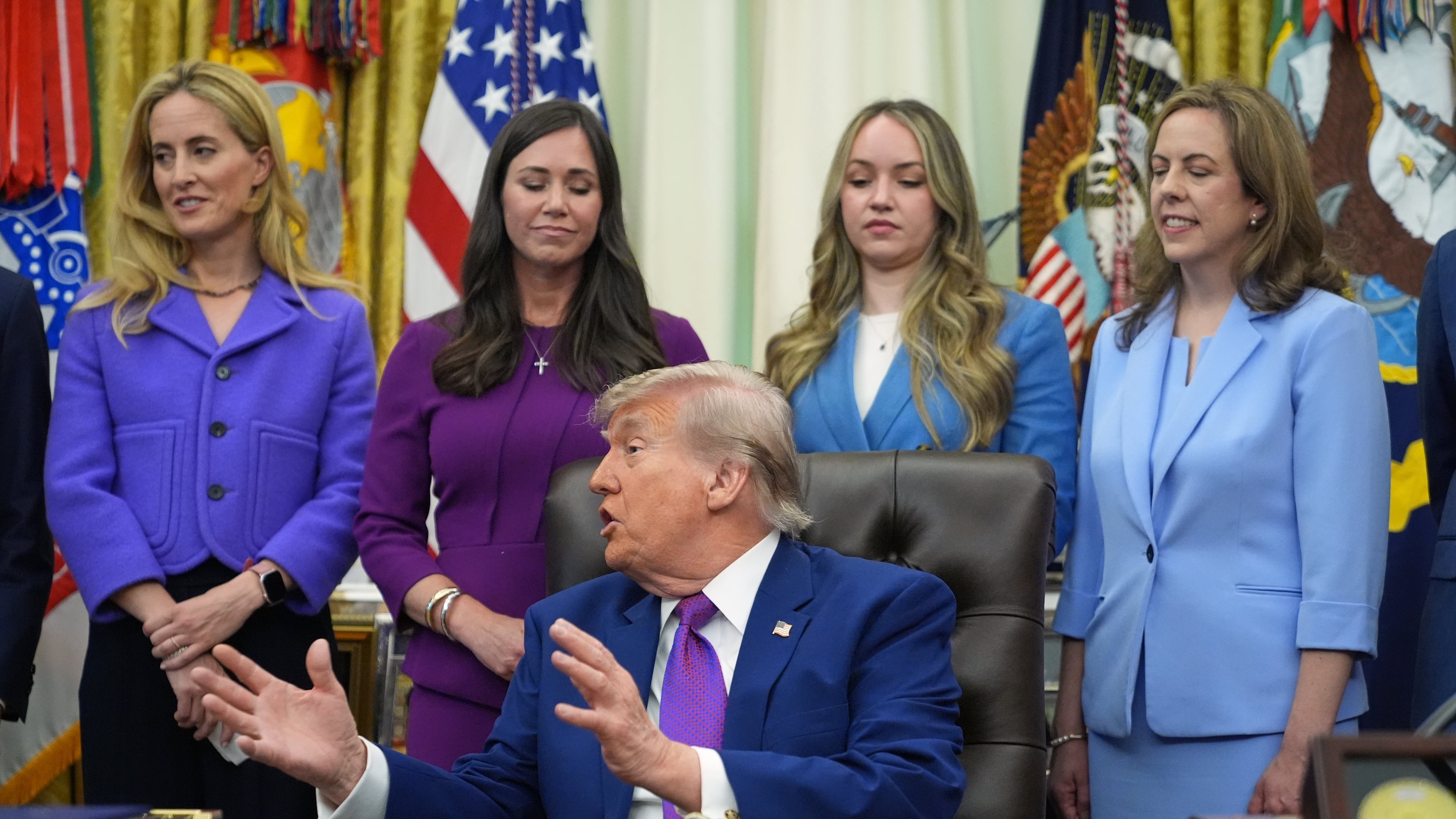 President Donald Trump speaks to reporters at an event about maternal healthcare, Monday, May 11, 2026, in the Oval Office of the White House, in Washington. (AP Photo/Jacquelyn Martin)