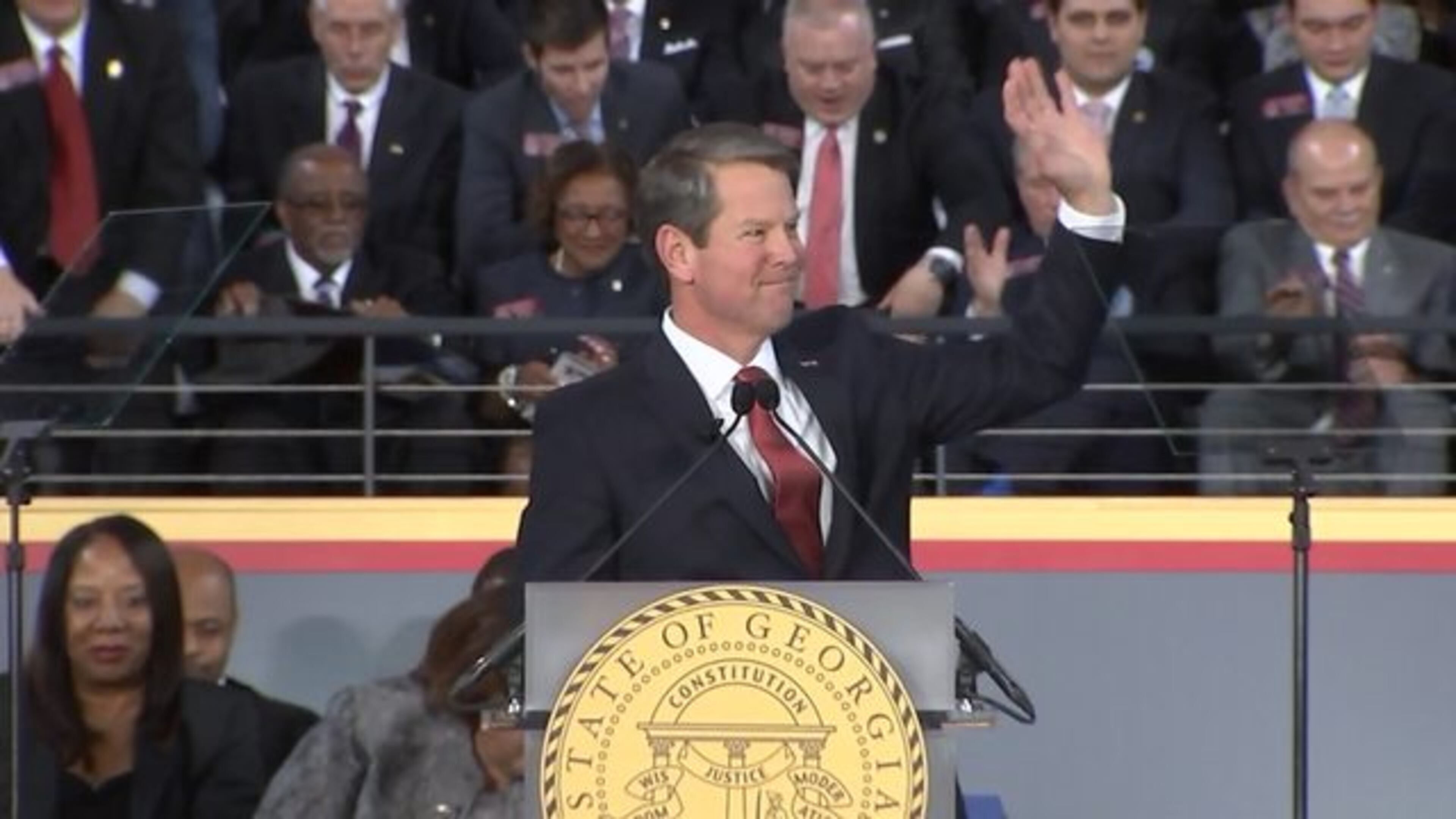 <p>Brian Kemp address crowd after he takes Oath of Office</p>
