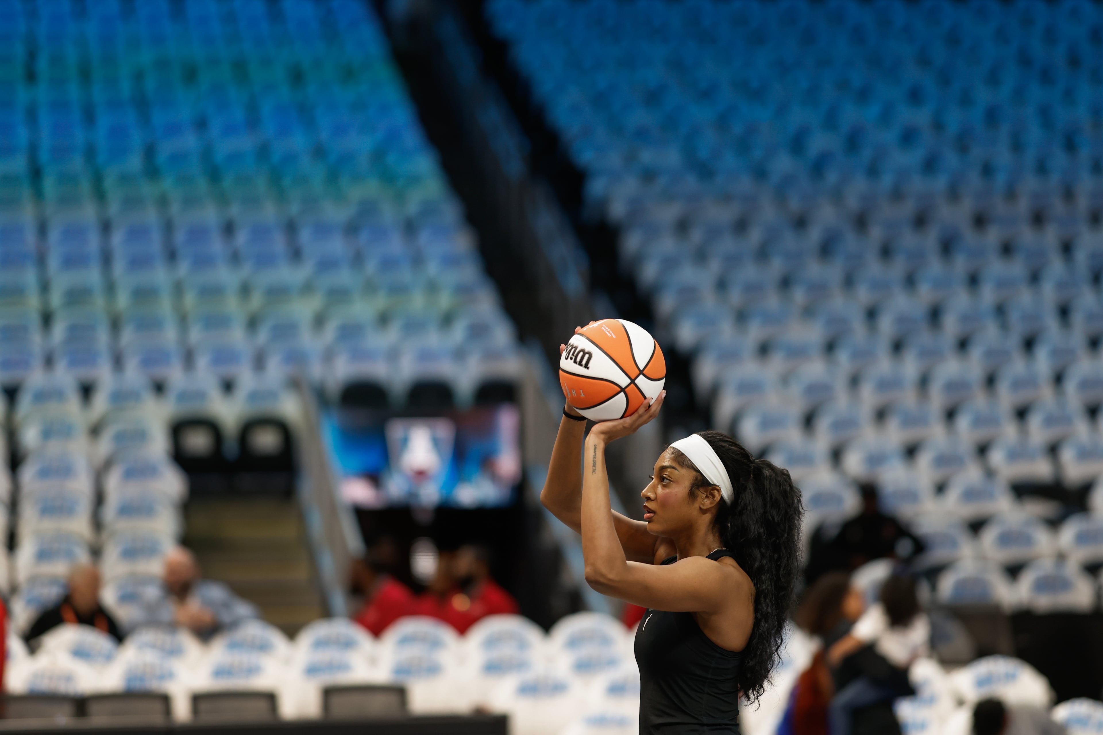 Atlanta Dream forward Angel Reese warms up before Game 4 of the WNBA Finals between the Atlanta Dream and the Golden State Valkyries, Saturday, Oct. 24, 2026, in Atlanta. (Erik S. Lesser for the AJC)