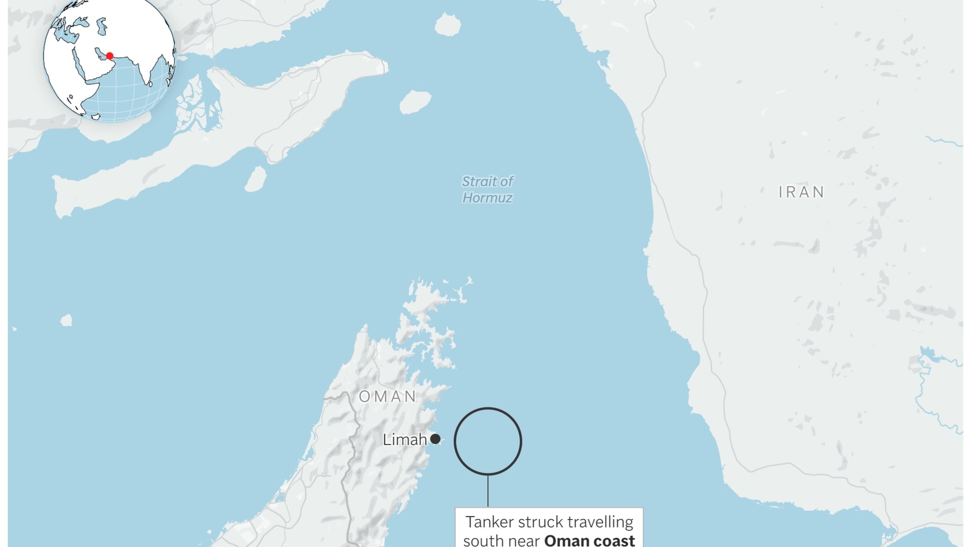 Map showing where a tanker was struck in the Strait of Hormuz. (AP Digital Embed)