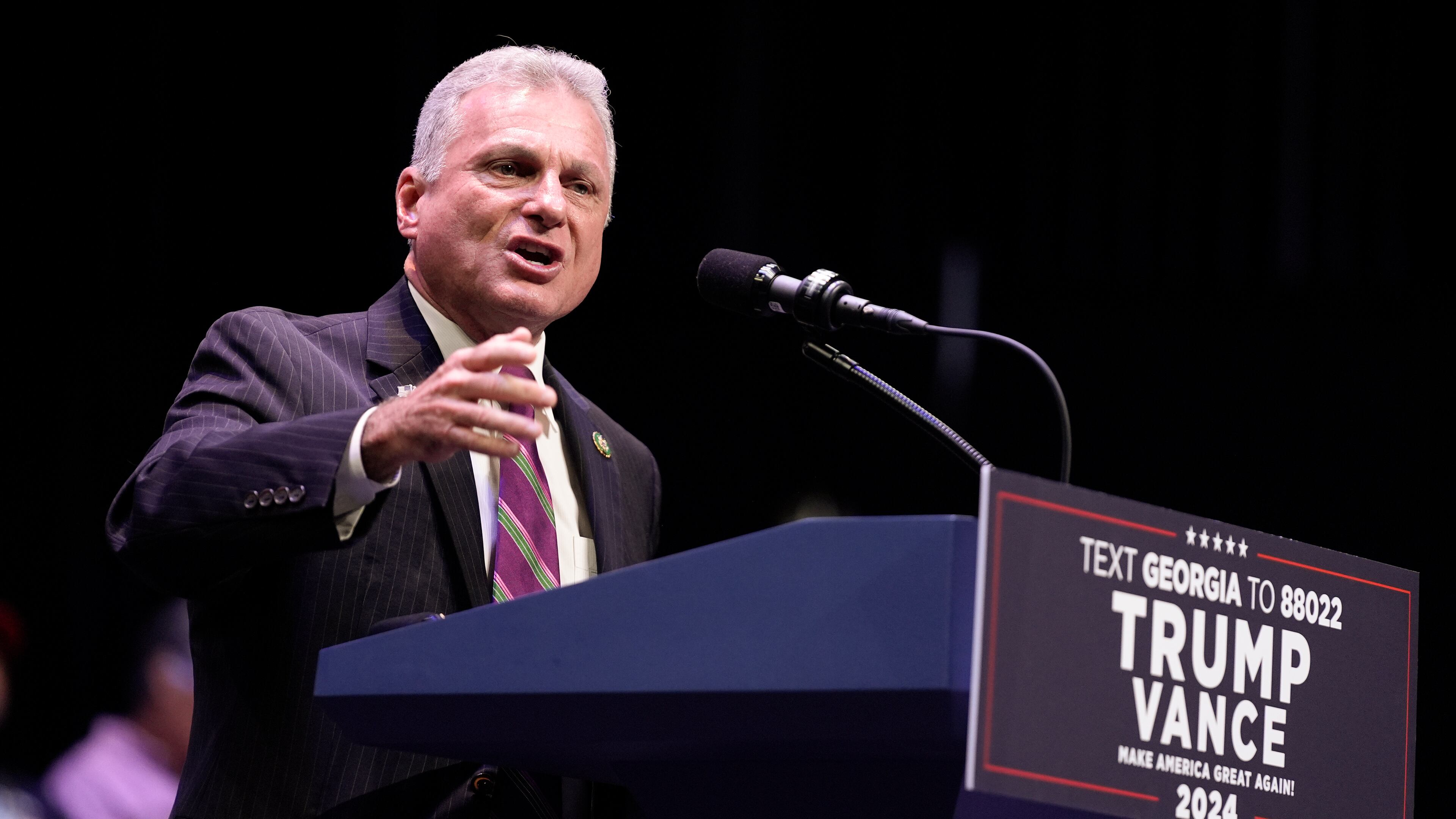 U.S. Rep. Buddy Carter, R-Ga., speaks at the Johnny Mercer Theatre Civic Center, Tuesday, Sept. 24, 2024, in Savannah, Ga. (AP Photo/Evan Vucci)
