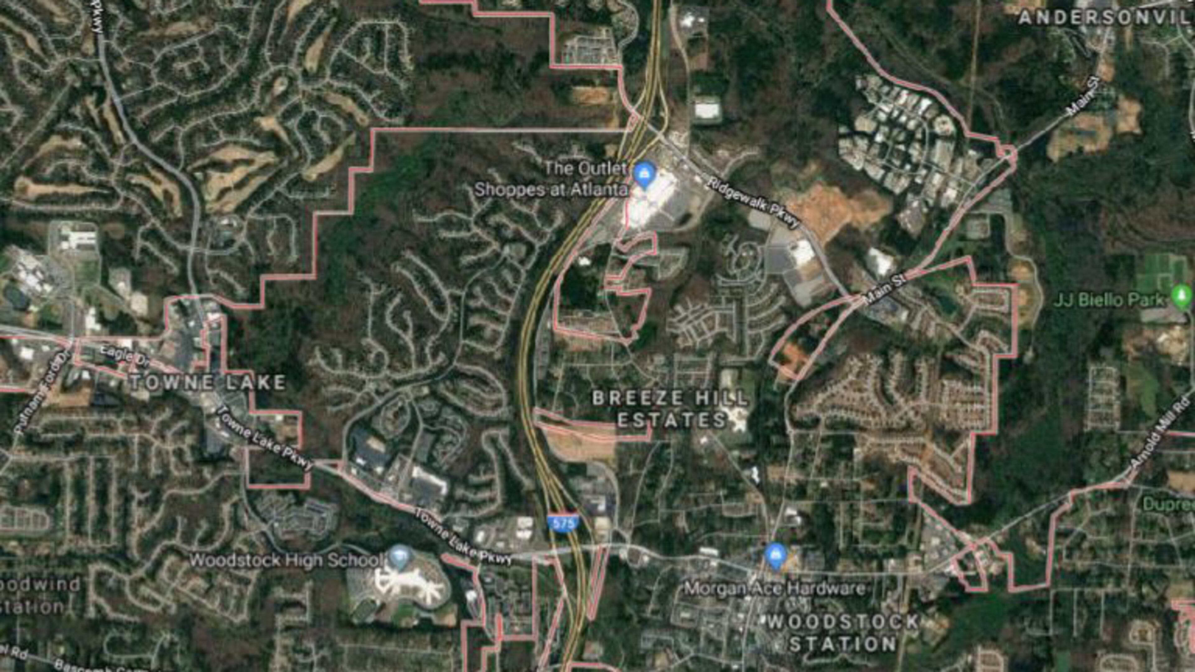 The interchanges of I-575 at Towne Lake and Ridgewalk parkways in Woodstock will be the subjects of “scoping” studies to determine improvements that could relieve traffic back-ups. GOOGLE MAPS