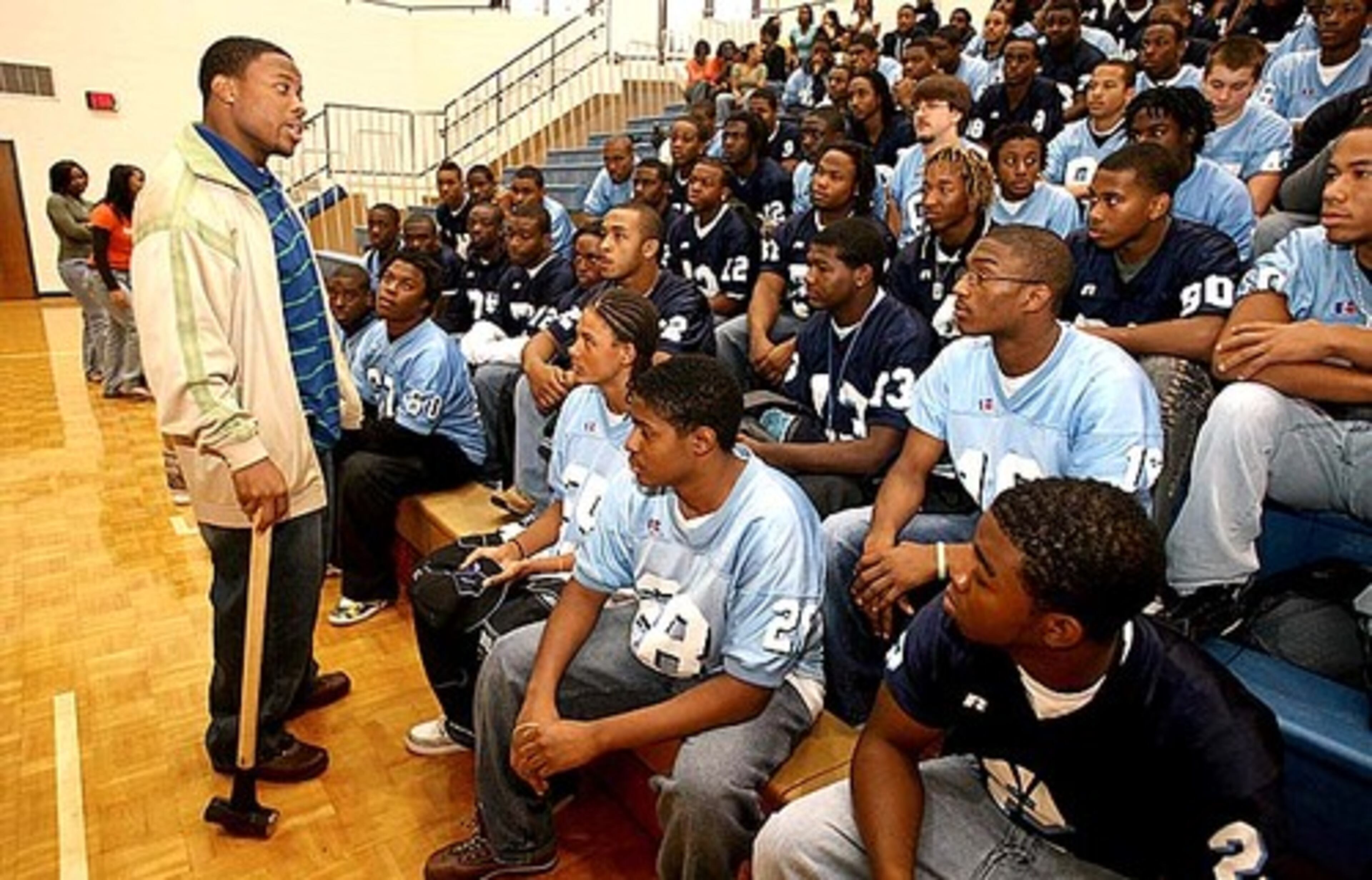 Choice speaks with the current members of the Lovejoy football team, who went 5-5 this season.