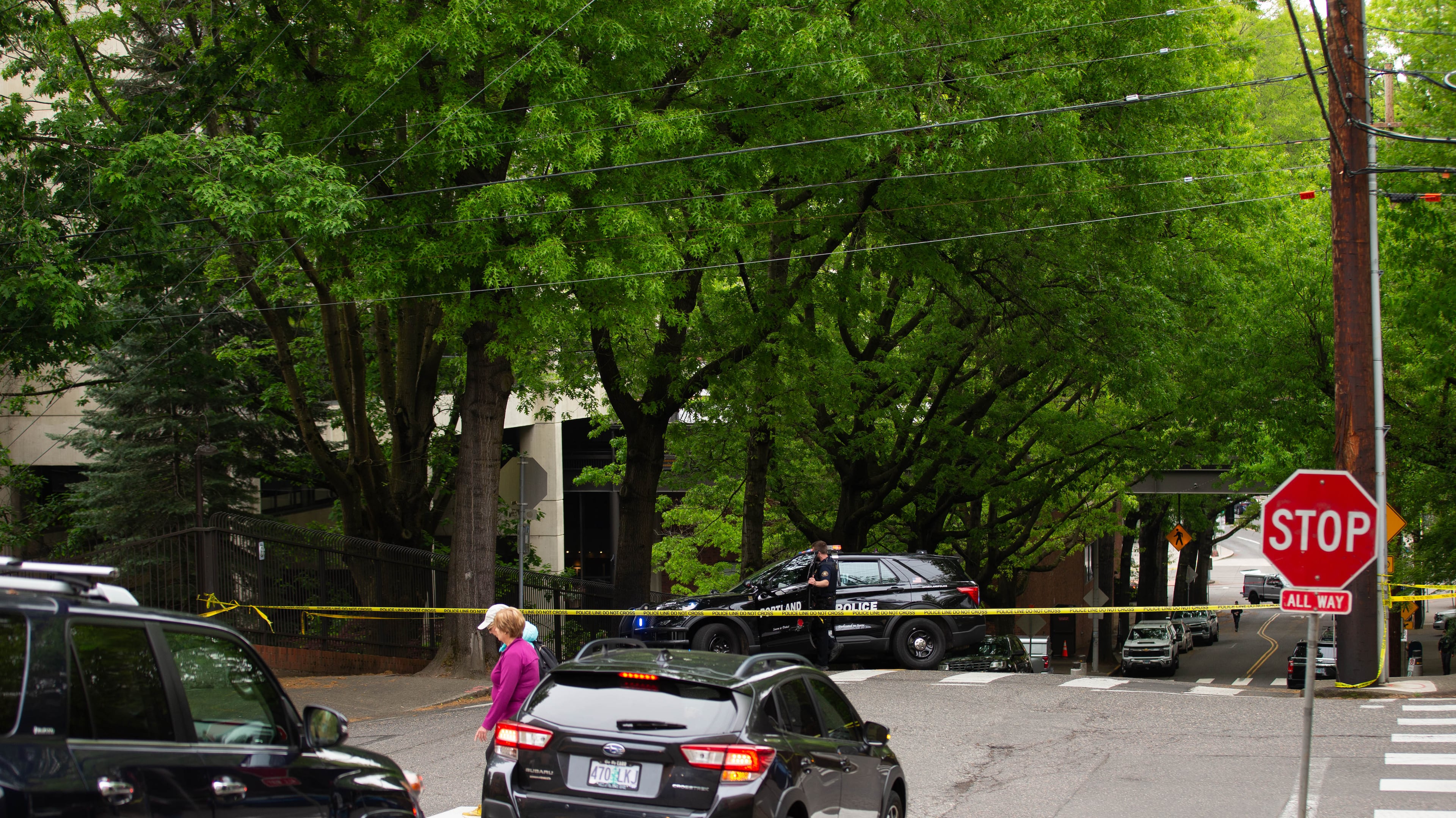 Police shut down the block surrounding the Multnomah Athletic Club in Northwest Portland, Ore., on Saturday, May 2, 2026. (Allison Barr/The Oregonian via AP)