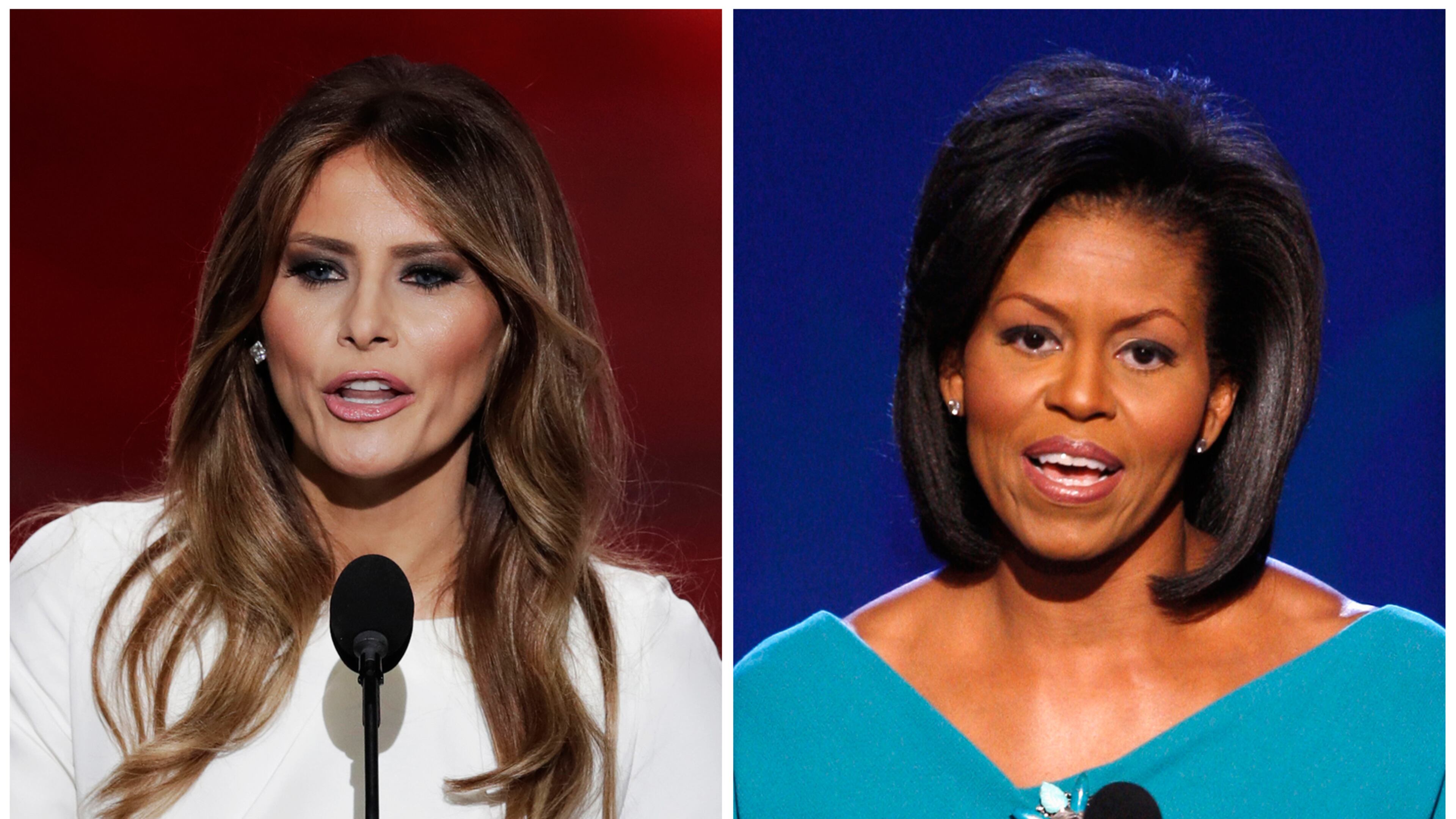 In this combination of photos, Melania Trump, left, wife of Republican Presidential Candidate Donald Trump, speaks during the opening day of the Republican National Convention in Cleveland, Monday, July 18, 2016, and Michelle Obama, wife of Democratic presidential candidate, Sen. Barack Obama, D-Ill., speaks at the Democratic National Convention in Denver, Monday, Aug. 25, 2008. Melania Trump's well-received speech Monday to the Republican National Convention contained passages that match nearly word-for-word the speech that first lady Michelle Obama delivered in 2008 at the Democratic National Convention. (AP Photos)