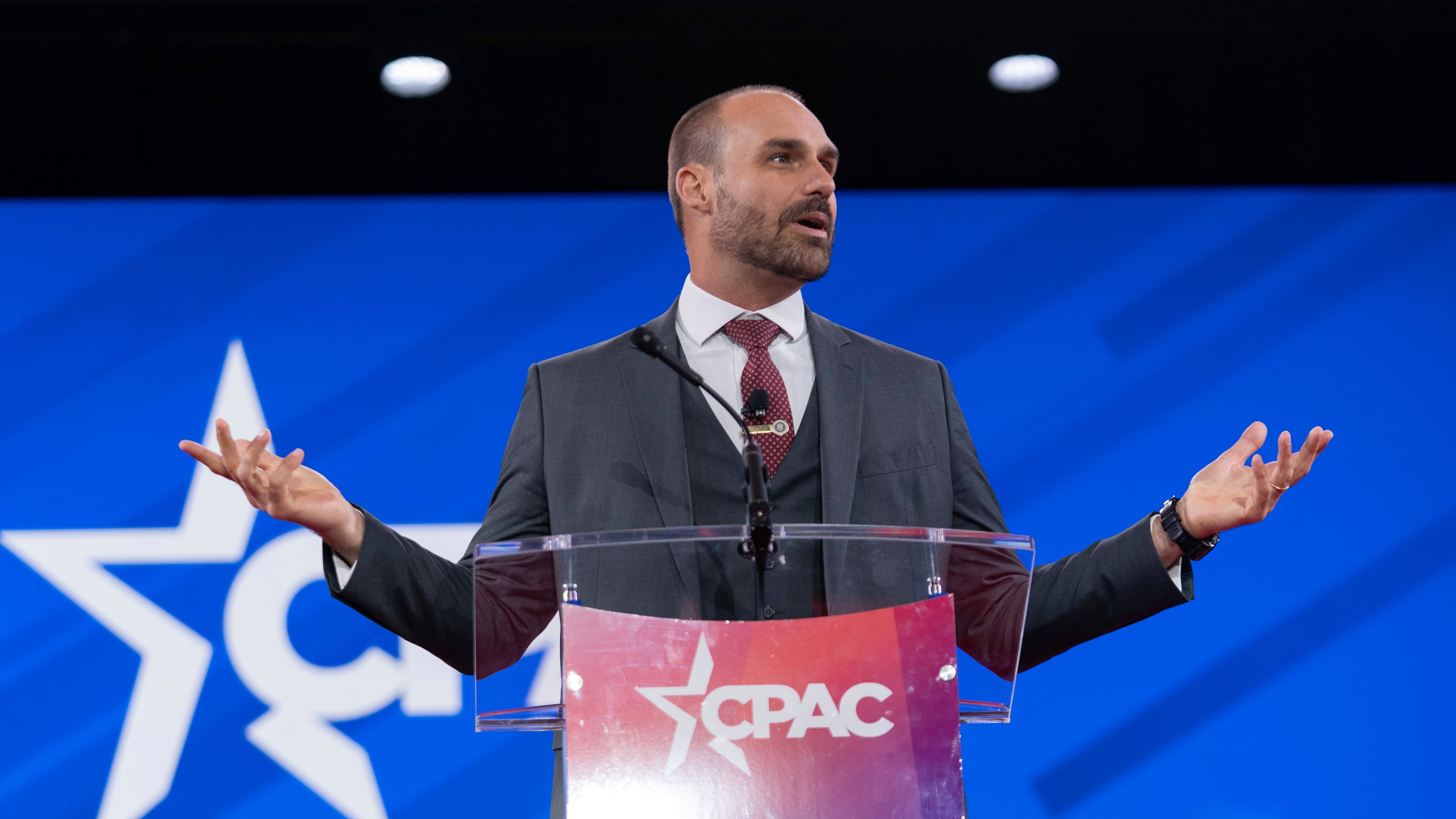 FILE - Eduardo Bolsonaro, a member of the Brazil Chamber of Deputies, speaks during the Conservative Political Action Conference in Oxon Hill, Md., Feb. 20, 2025. (AP Photo/Jose Luis Magana, File)