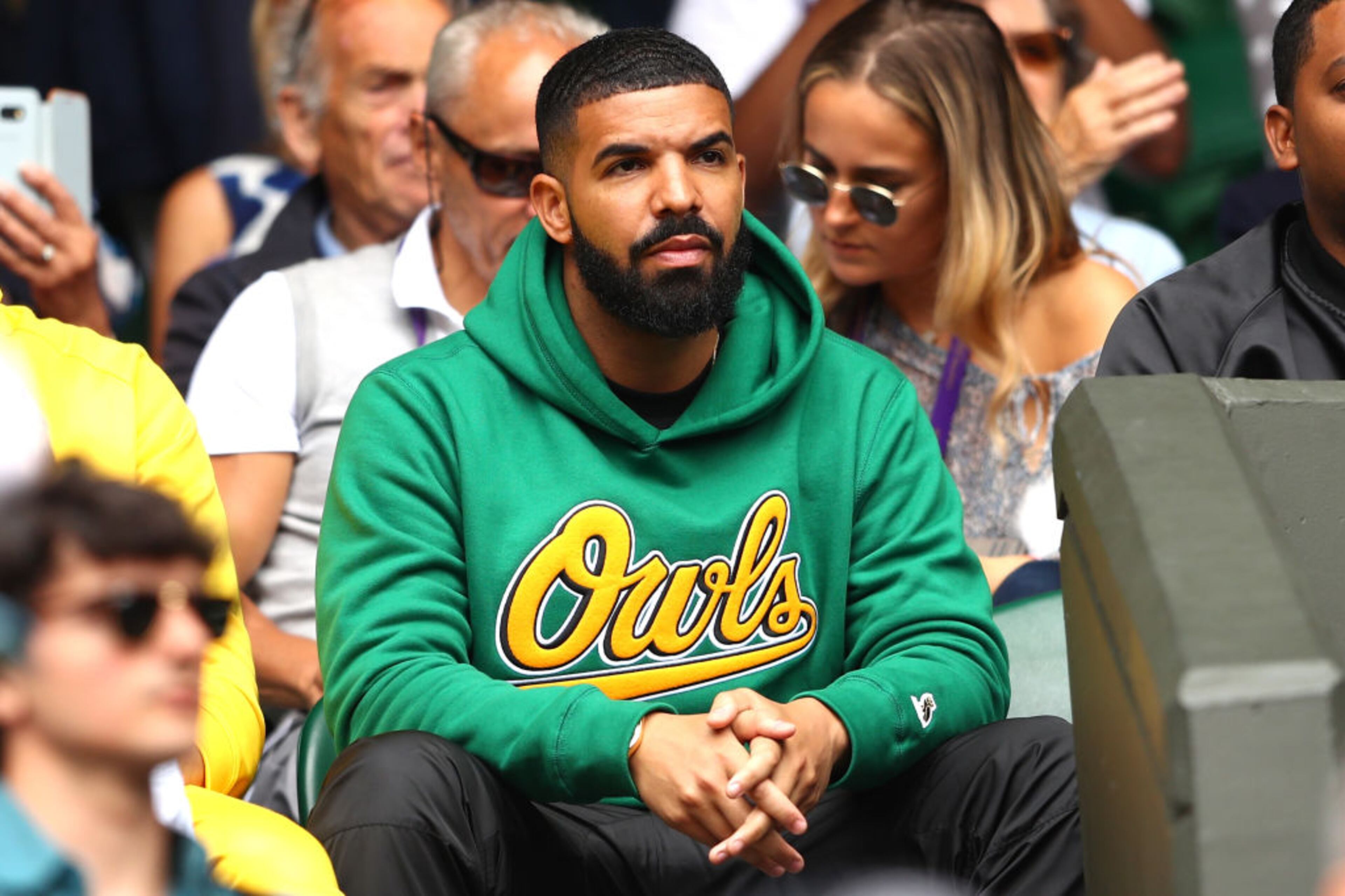 LONDON, ENGLAND - JULY 10: Rapper Drake attends day eight of the Wimbledon Lawn Tennis Championships at All England Lawn Tennis and Croquet Club on July 10, 2018 in London, England. (Photo by Michael Steele/Getty Images)
