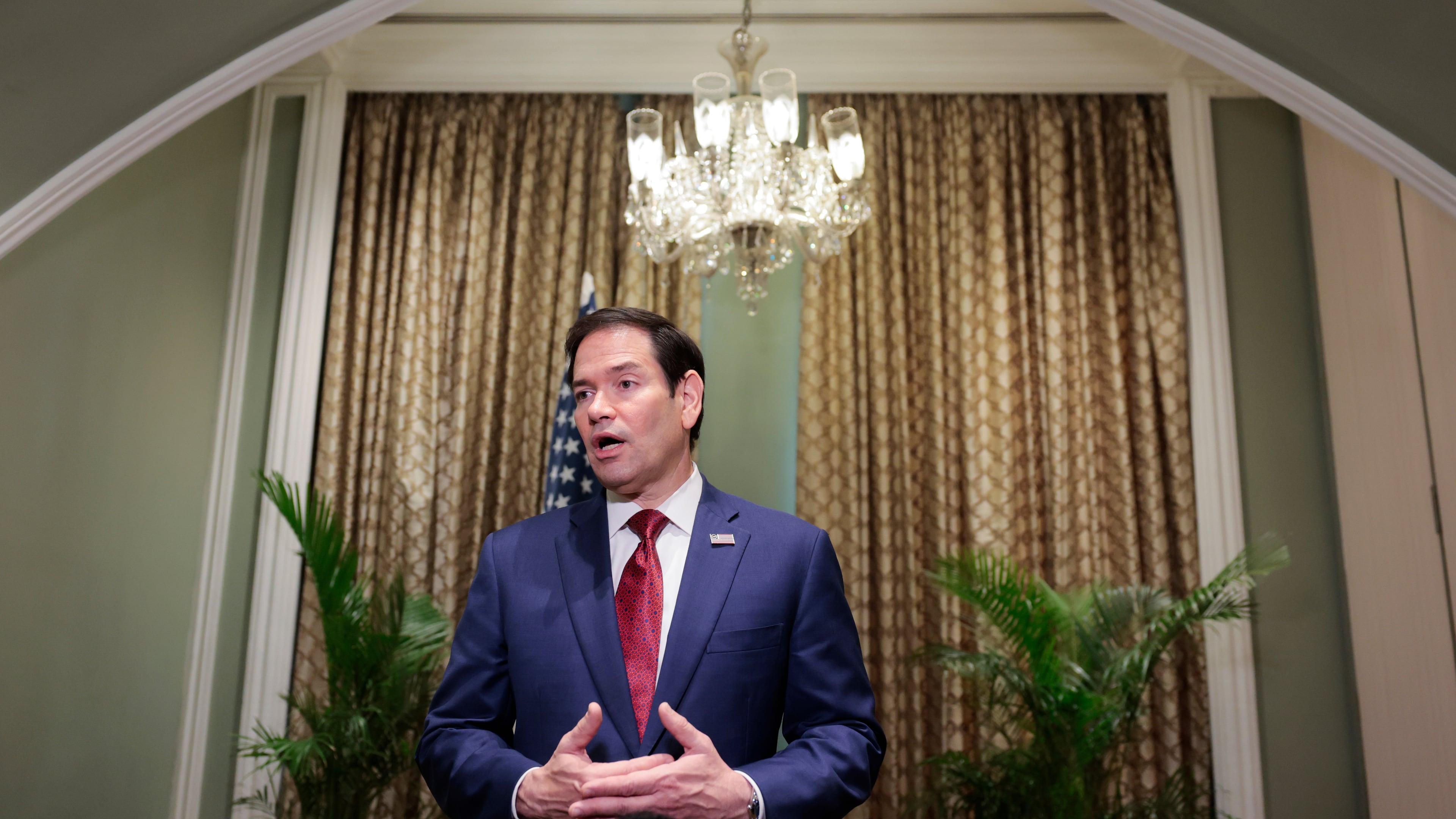 U.S. Secretary of State Marco Rubio speaks with members of the media at the Taj Mahal Palace hotel in Mumbai, India, Wednesday, Oct. 21, 2026. (Kylie Cooper/Pool Photo via AP)