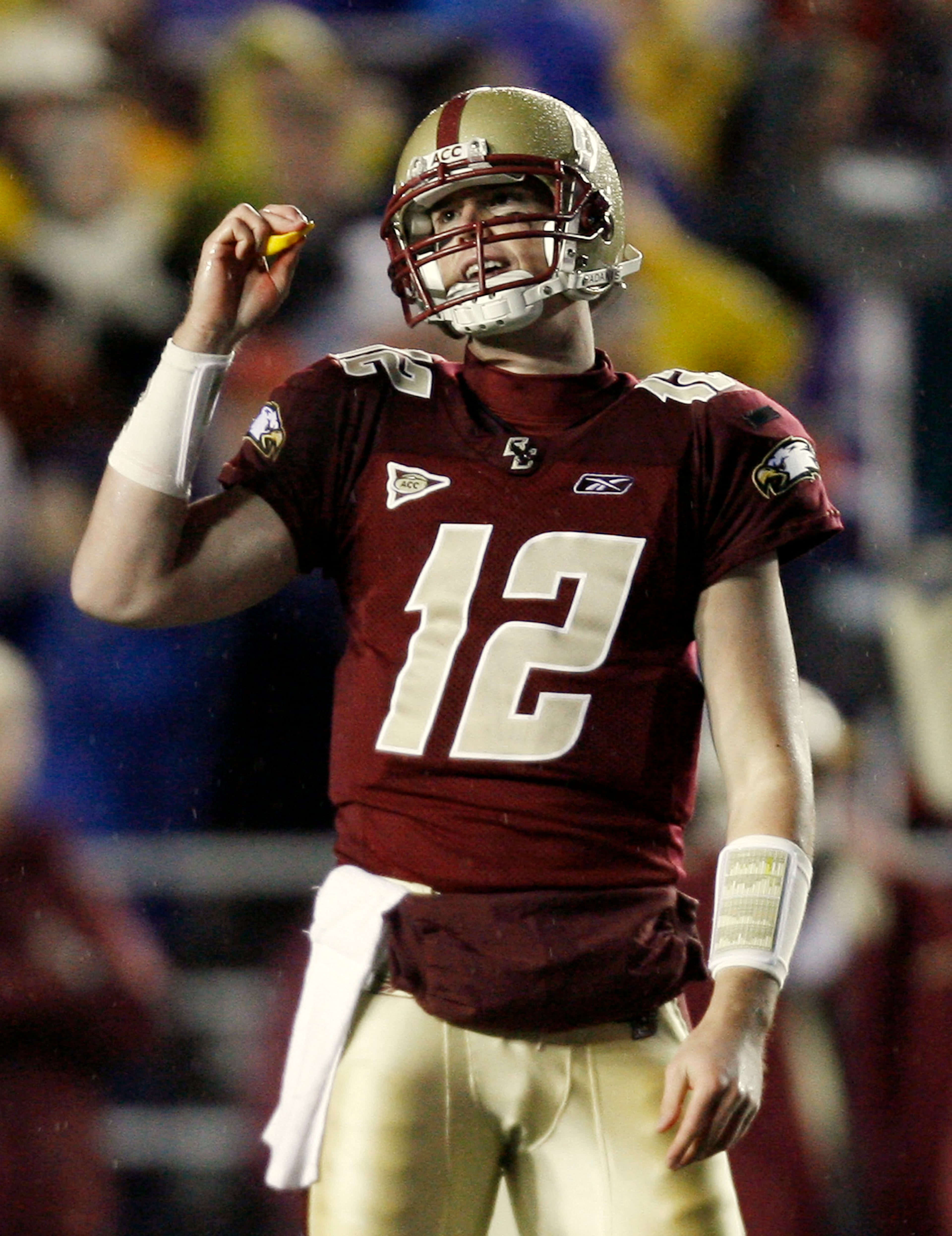 Boston College quarterback Matt Ryan reacts to throwing an interception against Florida State during the first half of a college football game in Boston Saturday, Nov. 3, 2007. (AP Photo/Winslow Townson)
