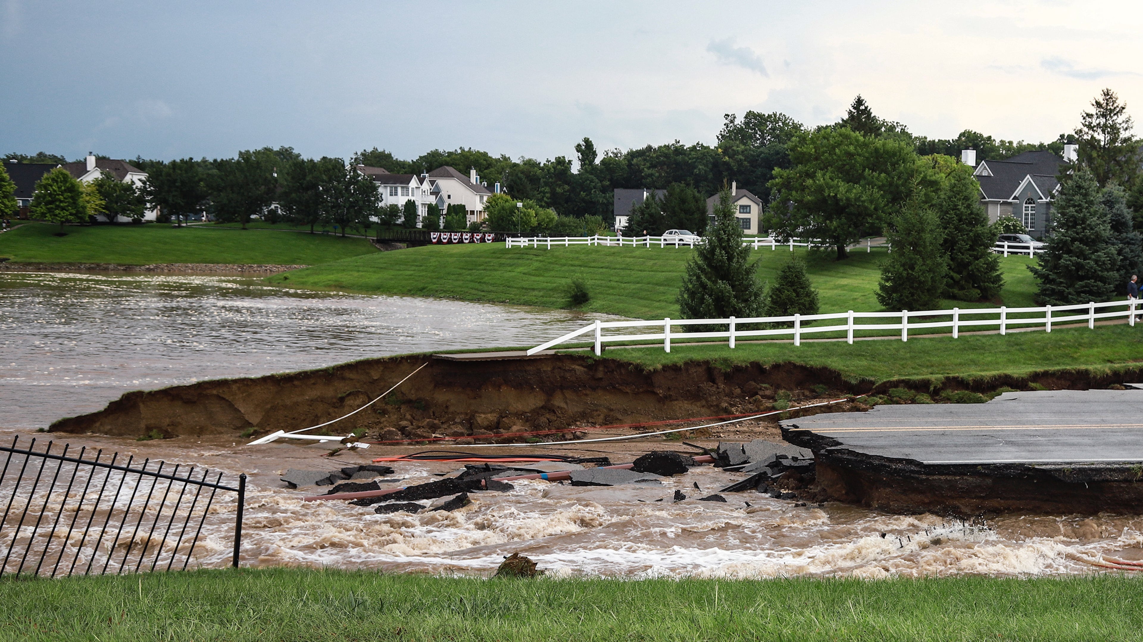 This photo provided by Aaron Skillman shows flooding in Indianapolis, Ind., on Saturday, Aug. 15, 2026. (Aaron Skillman via AP)