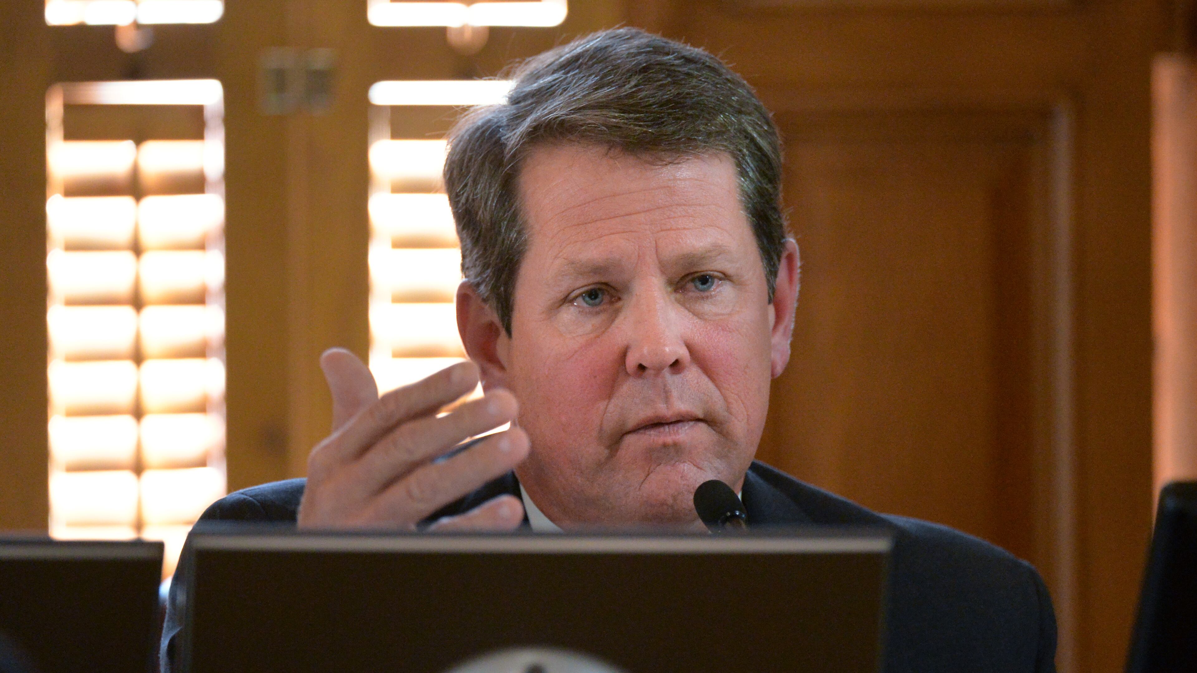 September 17, 2014 Atlanta - State Election Board chairman Brian Kemp speaks during a special meeting to lay out the case of alleged voter registration fraud against the New Georgia Project at the Georgia State Capitol on Wednesday, September, 17, 2014. HYOSUB SHIN / HSHIN@AJC.COM