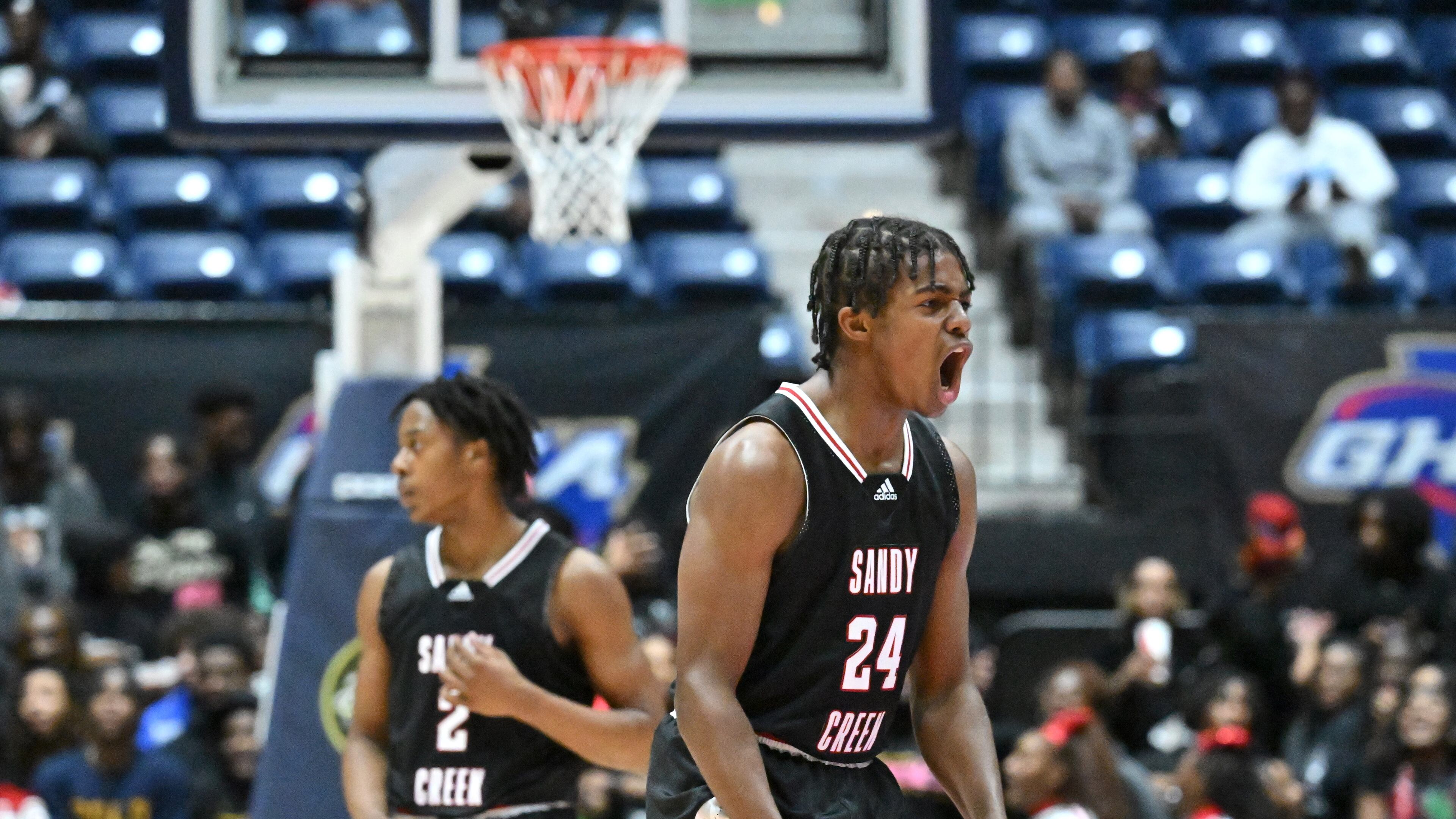 Sandy Creek's P.J. Green (24) reacts during 2023 GHSA Basketball Class 3A Boy’s State Championship game at the Macon Centreplex, Friday, March 10, 2023, in Macon, GA. Sandy Creek won 66-38 over Cedar Grove. (Hyosub Shin / Hyosub.Shin@ajc.com)