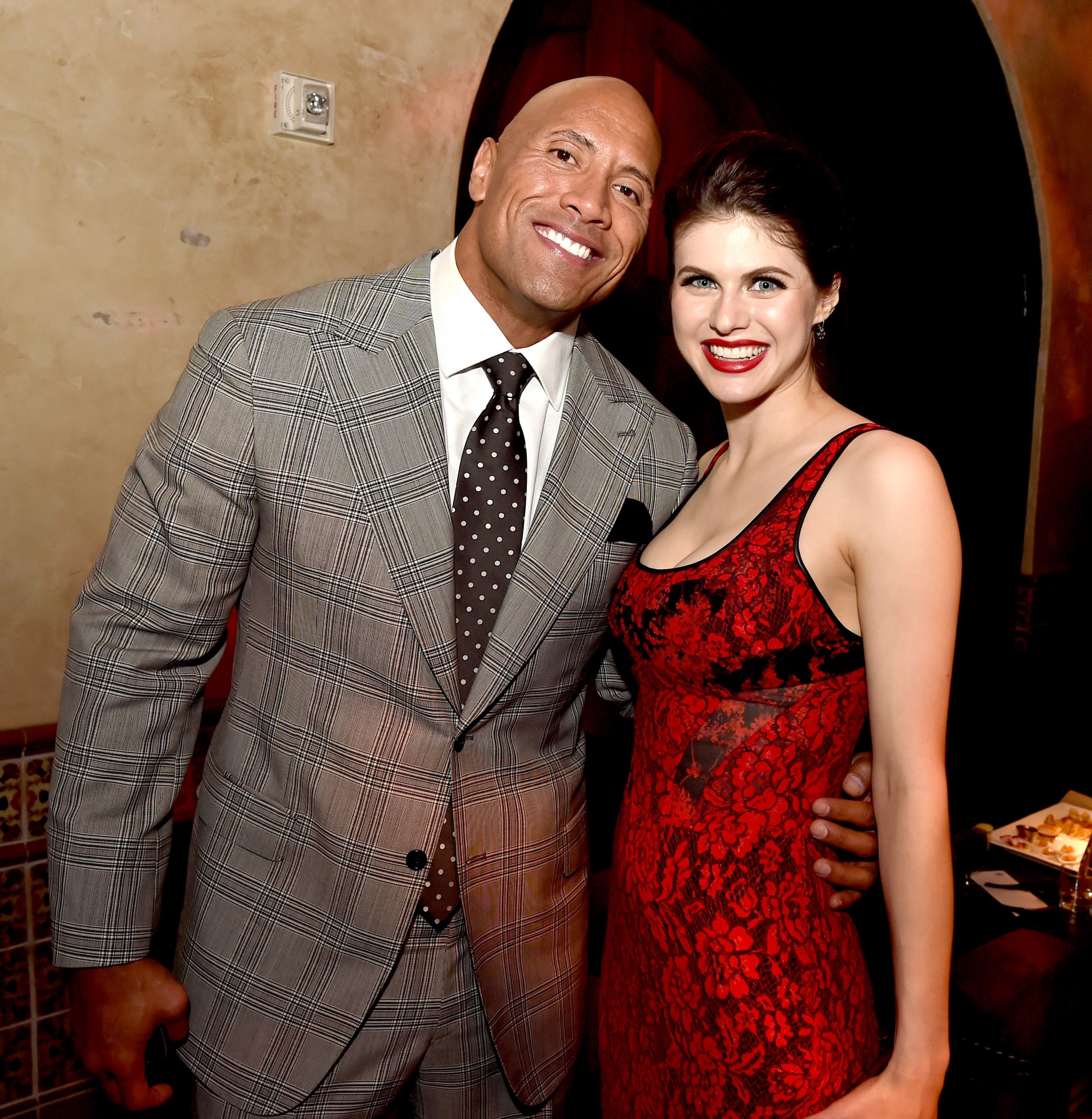 LOS ANGELES, CA - MAY 26: Actor Dwayne Johnson (L) and actress Alexandra Daddario pose at the after party for the premiere of Warner Bros. Pictures' "San Andreas" at the Hollywood Roosevelt Hotel on May 26, 2015 in Los Angeles, California. (Photo by Kevin Winter/Getty Images)