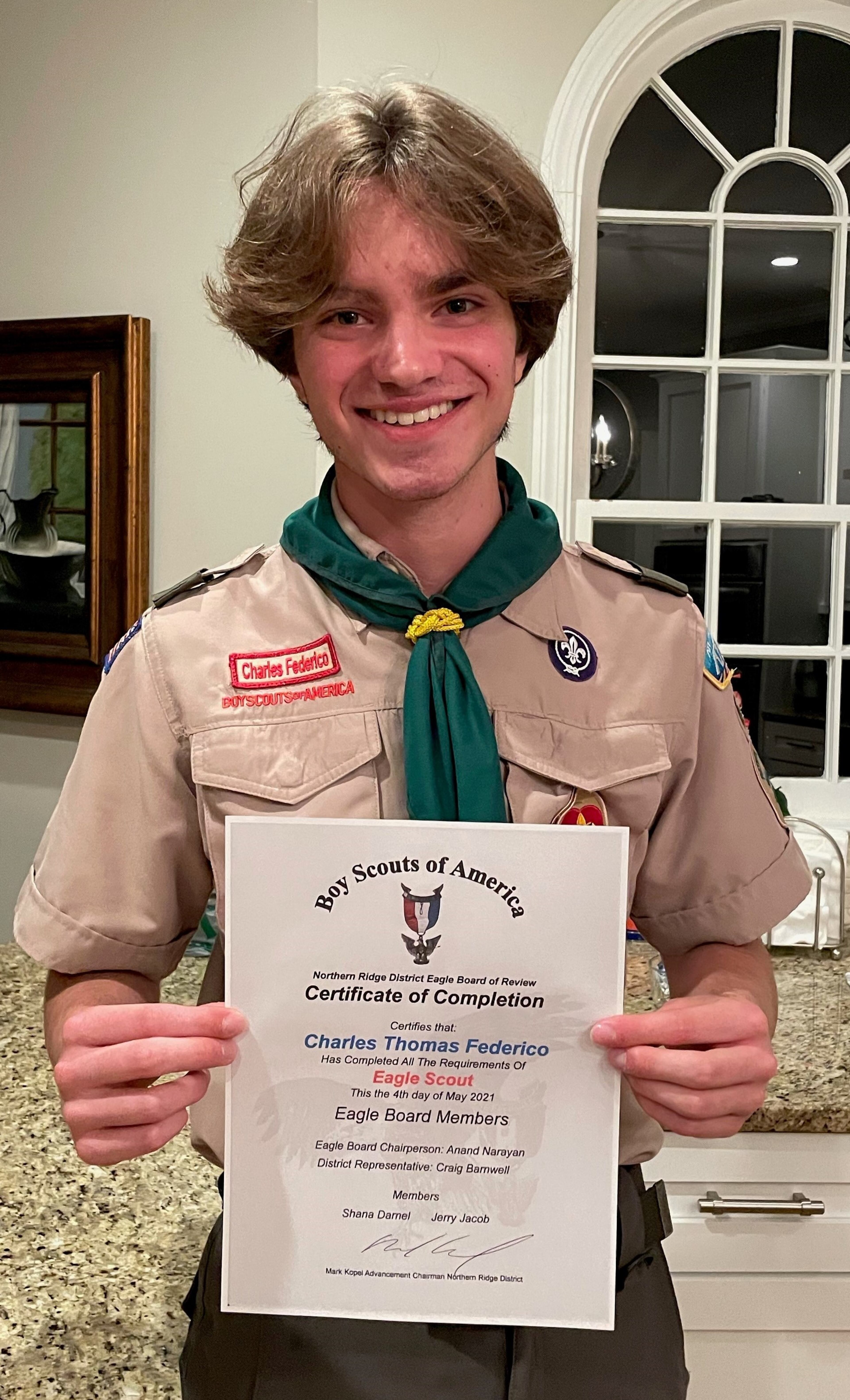 Charles Federico, of Troop 69, passed his Board of Review On May 4 to become an Eagle Scout. His project was the design and construction of a large free-standing wooden shelving unit, three more smaller shelving units using PVC shelving frames. And two birdhouses for the Dream Weavers of Georgia.
