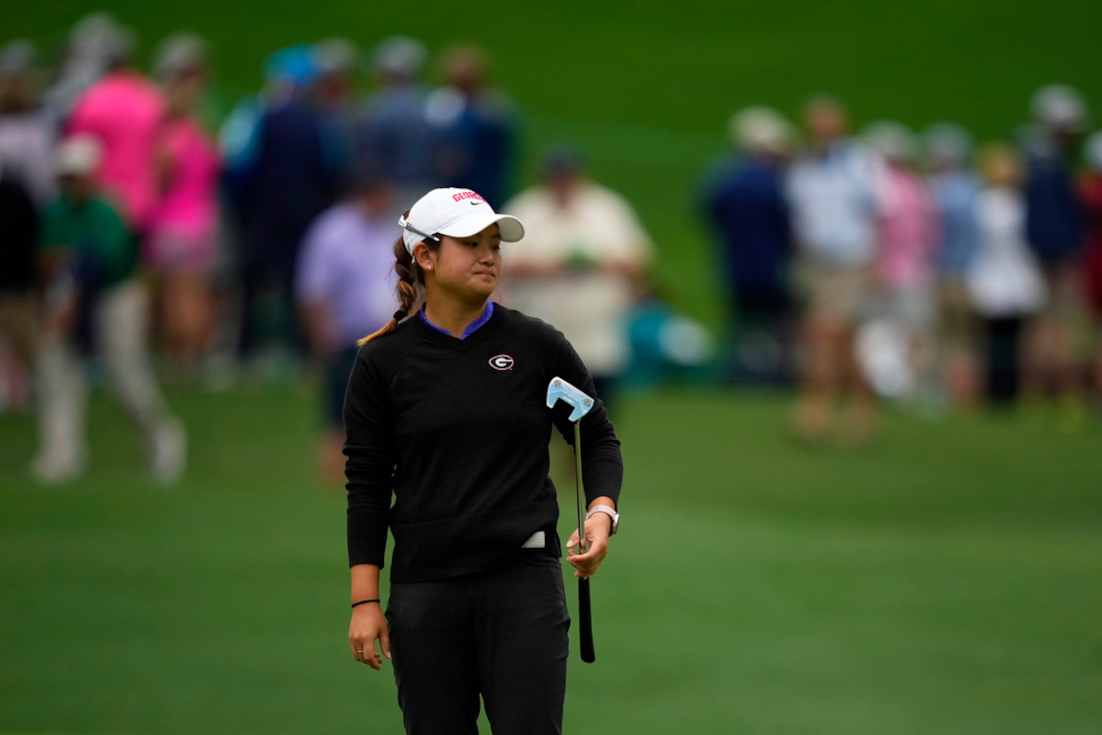 Jenny Bae reacts after a putt on the sixth hole during the final round of the Augusta National Women's Amateur golf tournament, Saturday, April 1, 2023, in Augusta, Ga. (AP Photo/Matt Slocum)
