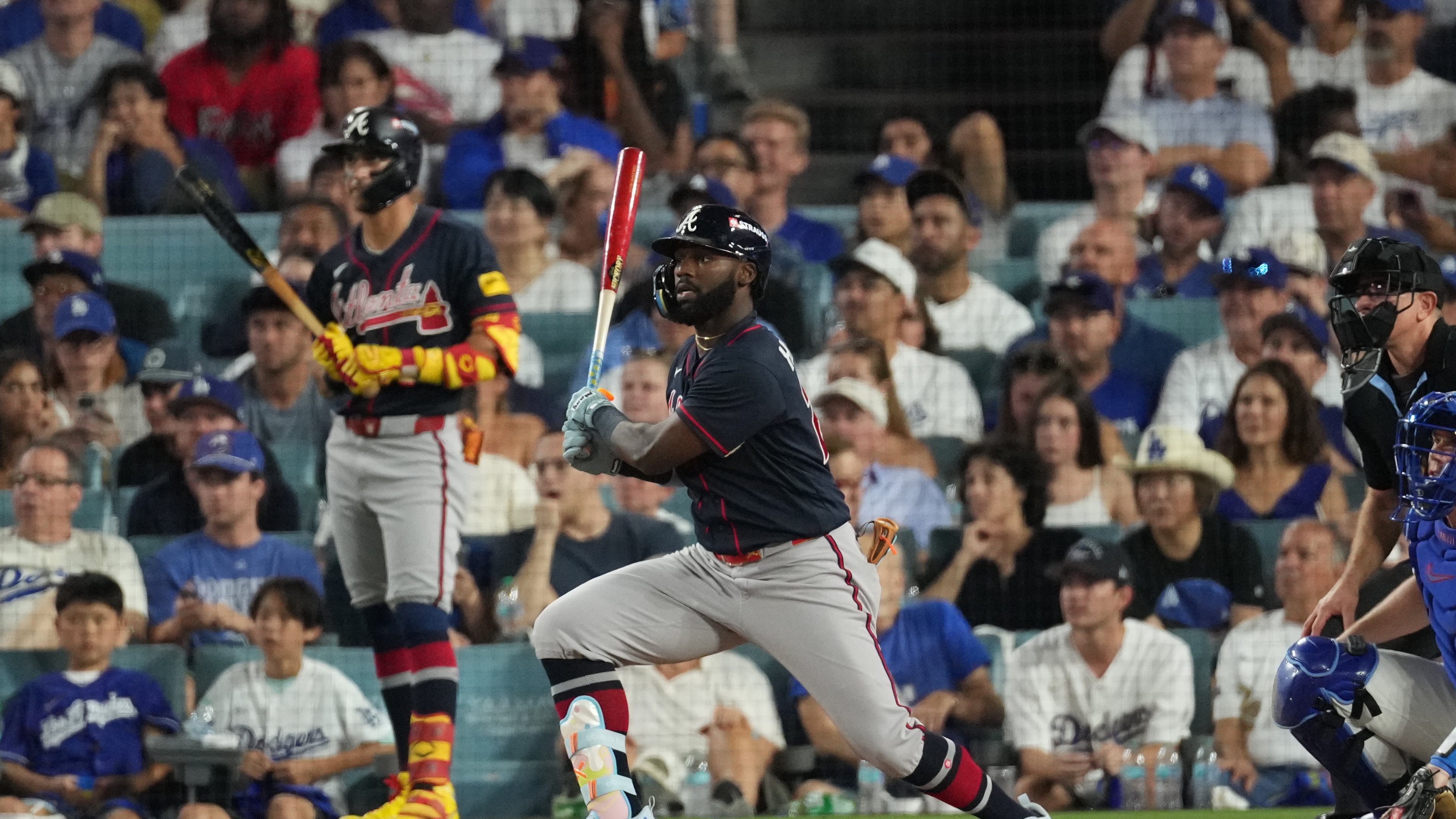 Braves outfielder Michael Harris II celebrates after hitting an RBI double during the seventh inning of Game 2 of a National League Division Series baseball game against the Los Angeles Dodgers Sunday, Oct. 4, 2026, in Los Angeles. (Jae C. Hong/AP)