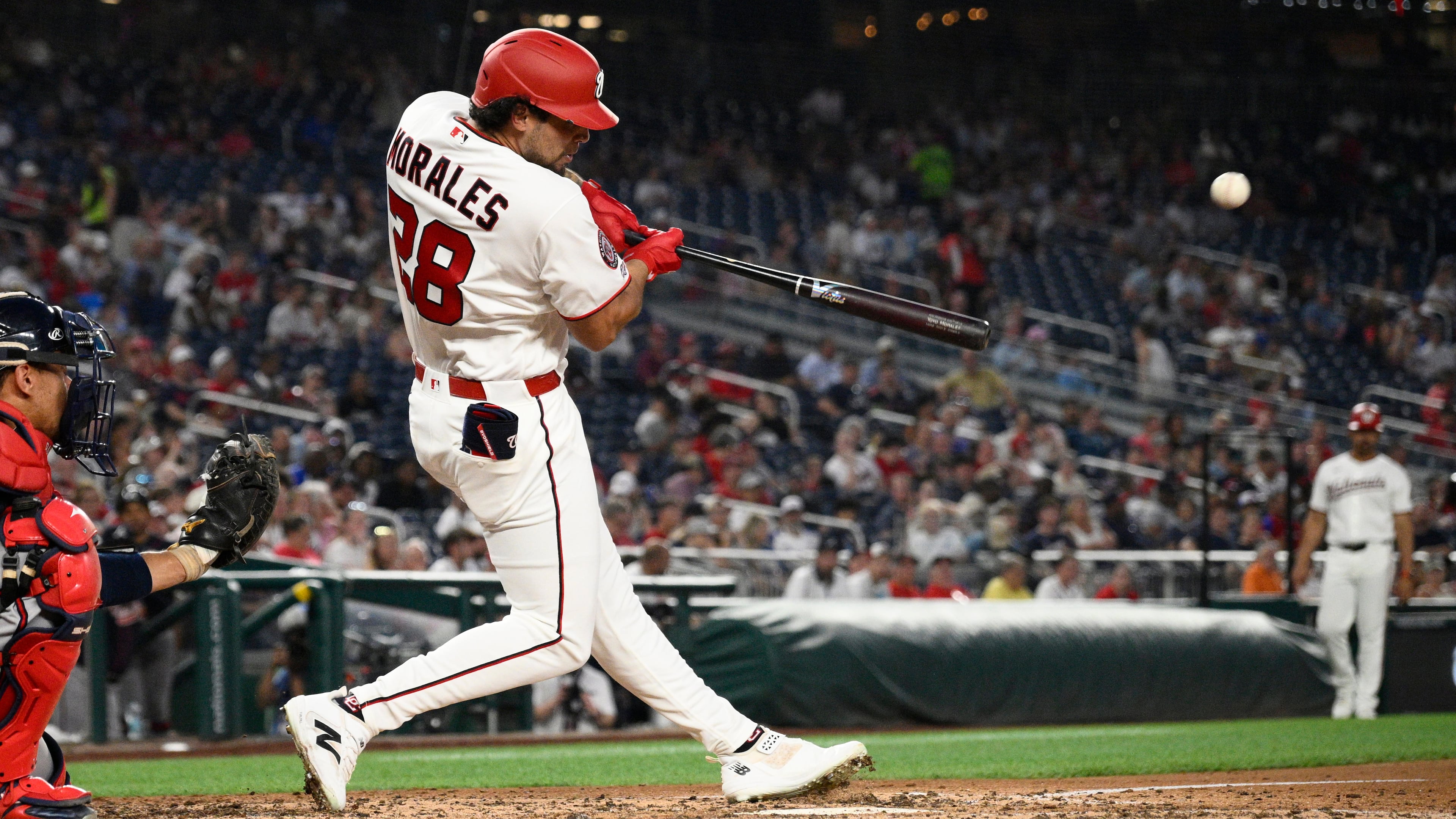 Washington Nationals' Yohandy Morales hits a home run during the third inning of a baseball game against the Atlanta Braves, Tuesday, Sept. 1, 2026, in Washington. (AP Photo/Nick Wass)