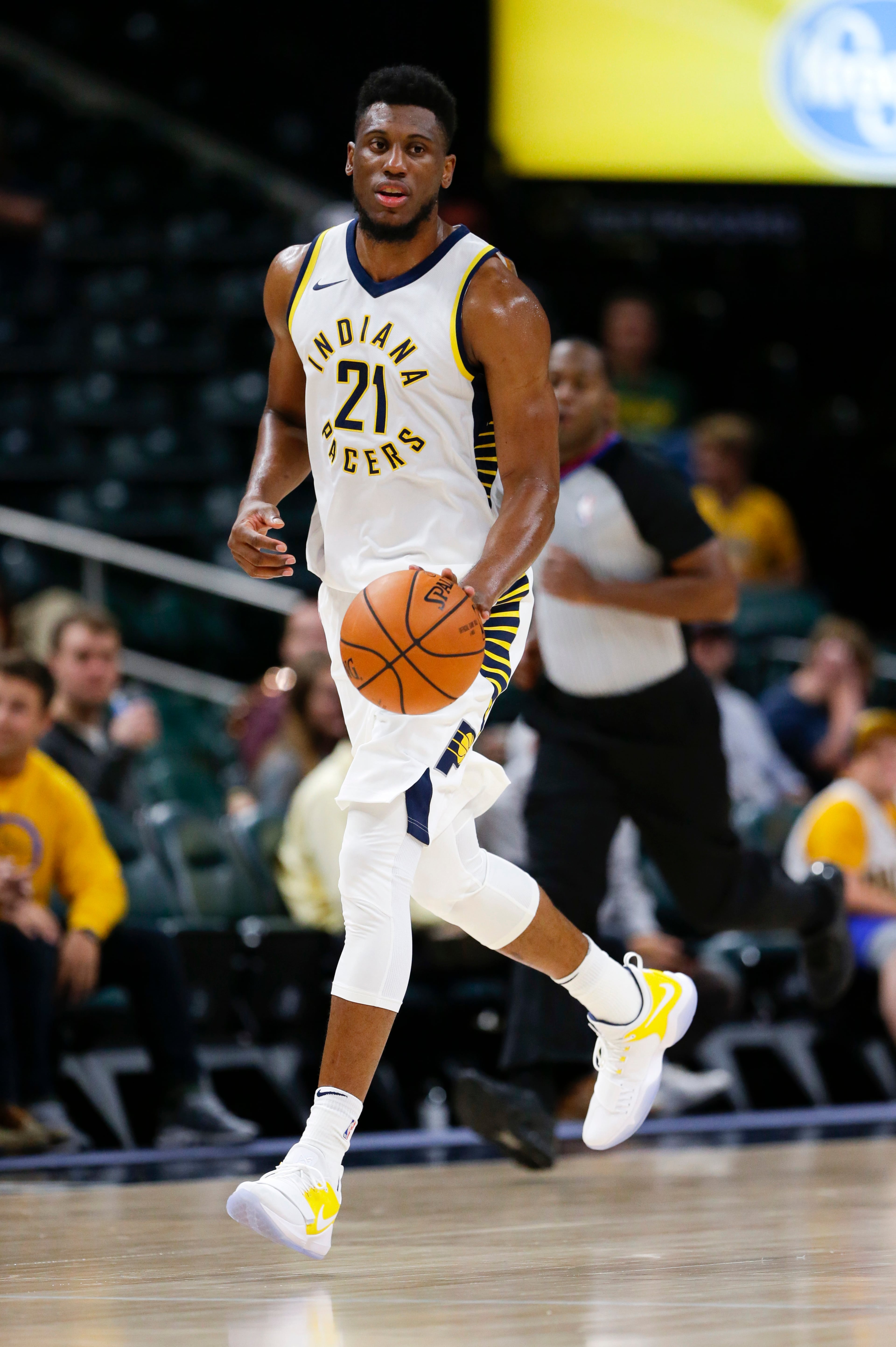 Indiana Pacers forward Thaddeus Young (21) during the second half of an NBA exhibition basketball game in Indianapolis, Tuesday, Oct. 10, 2017. The Pacers defeated Maccabi Haifa 108-89. (AP Photo/Michael Conroy)