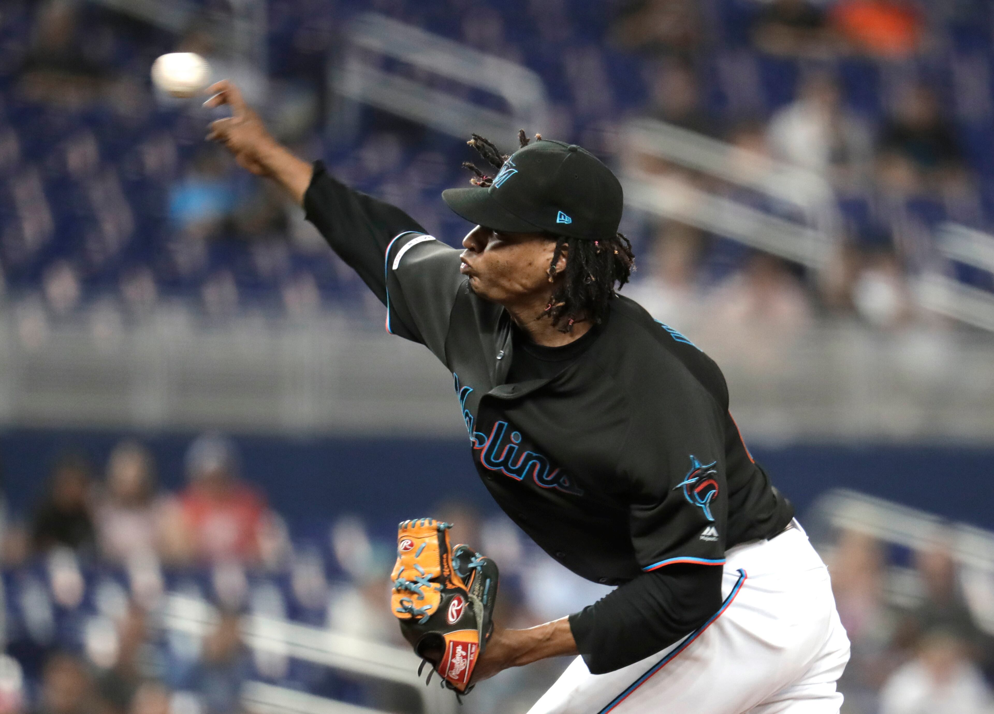 Miami Marlins starting pitcher Jose Urena throws during the first inning of a baseball game against the Atlanta Braves, Friday, May 3, 2019, in Miami. (AP Photo/Lynne Sladky)