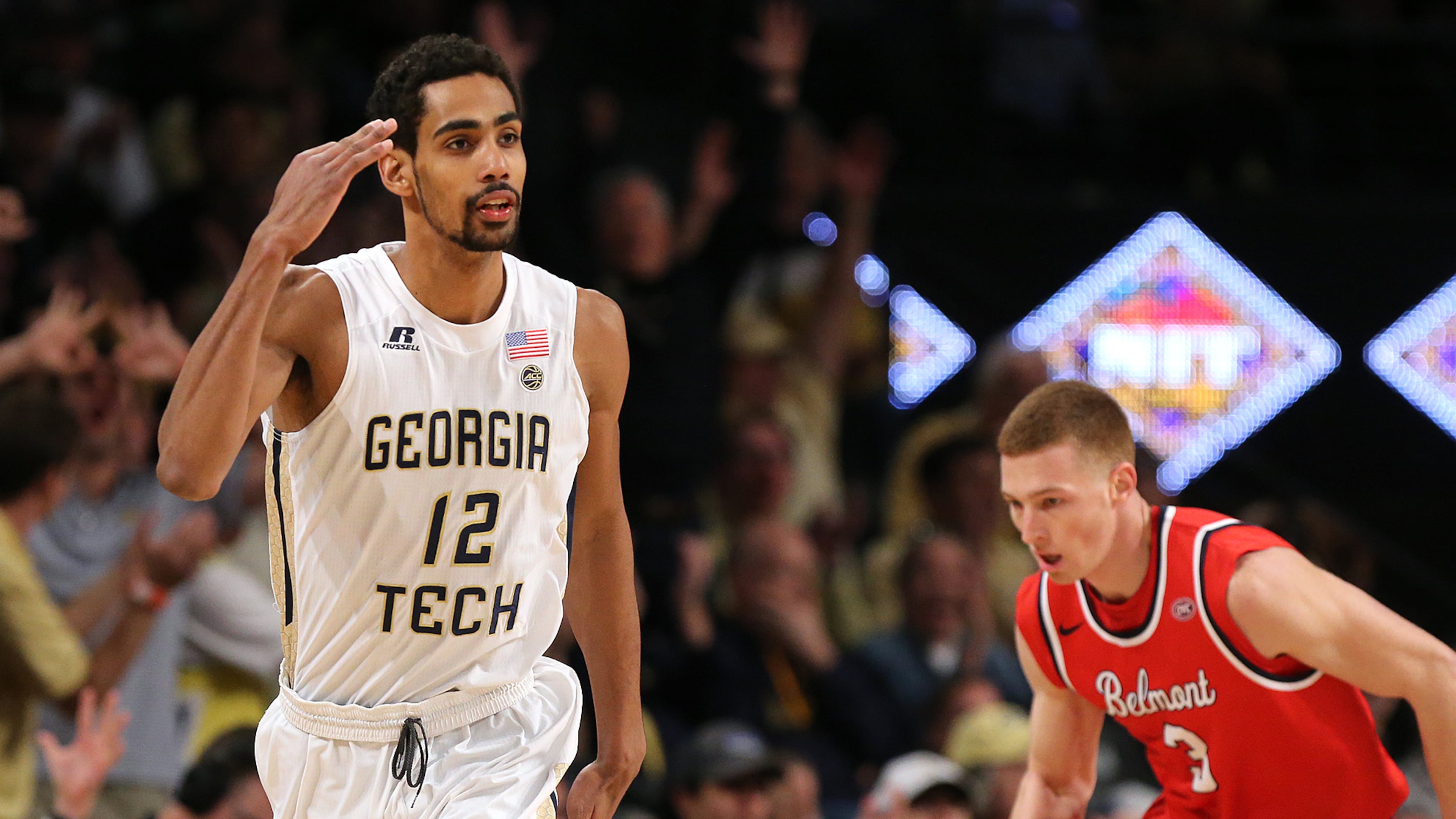 March 19, 2017, Atlanta: Georgia Tech forward Quinton Stephens salutes after making a three pointer against Belmont guard Dylan Windler during the first half in their NIT tournament round two NCAA basketball game on Sunday, March 19, 2017, in Atlanta. Curtis Compton/ccompton@ajc.com