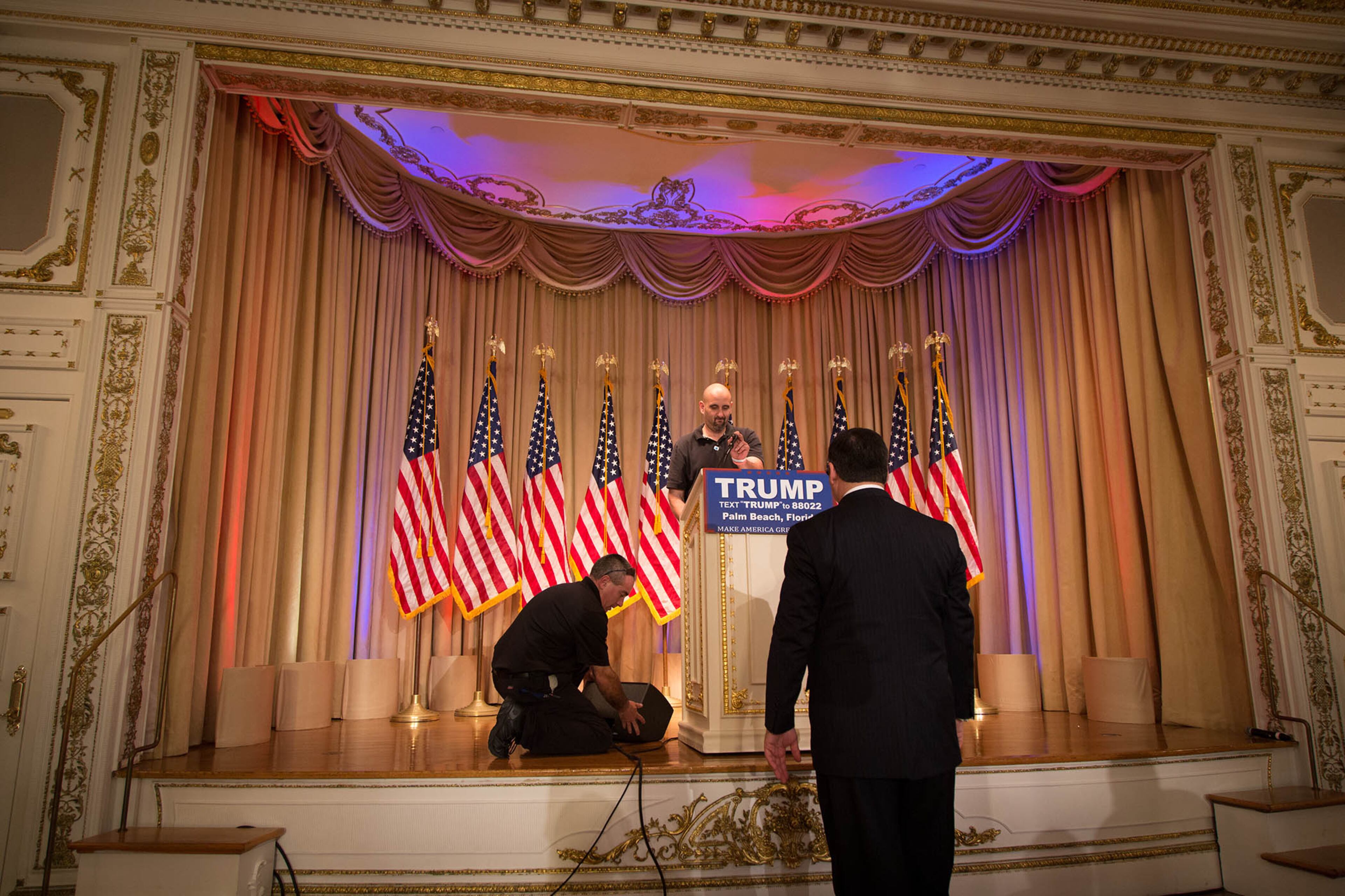The White and Gold Ballroom at Mar-A-Lago is setup for Donald J. Trump's Super Tuesday press conference at Mar-A-Lago in Palm Beach, Florida on March 1, 2016. (Allen Eyestone / Daily News)