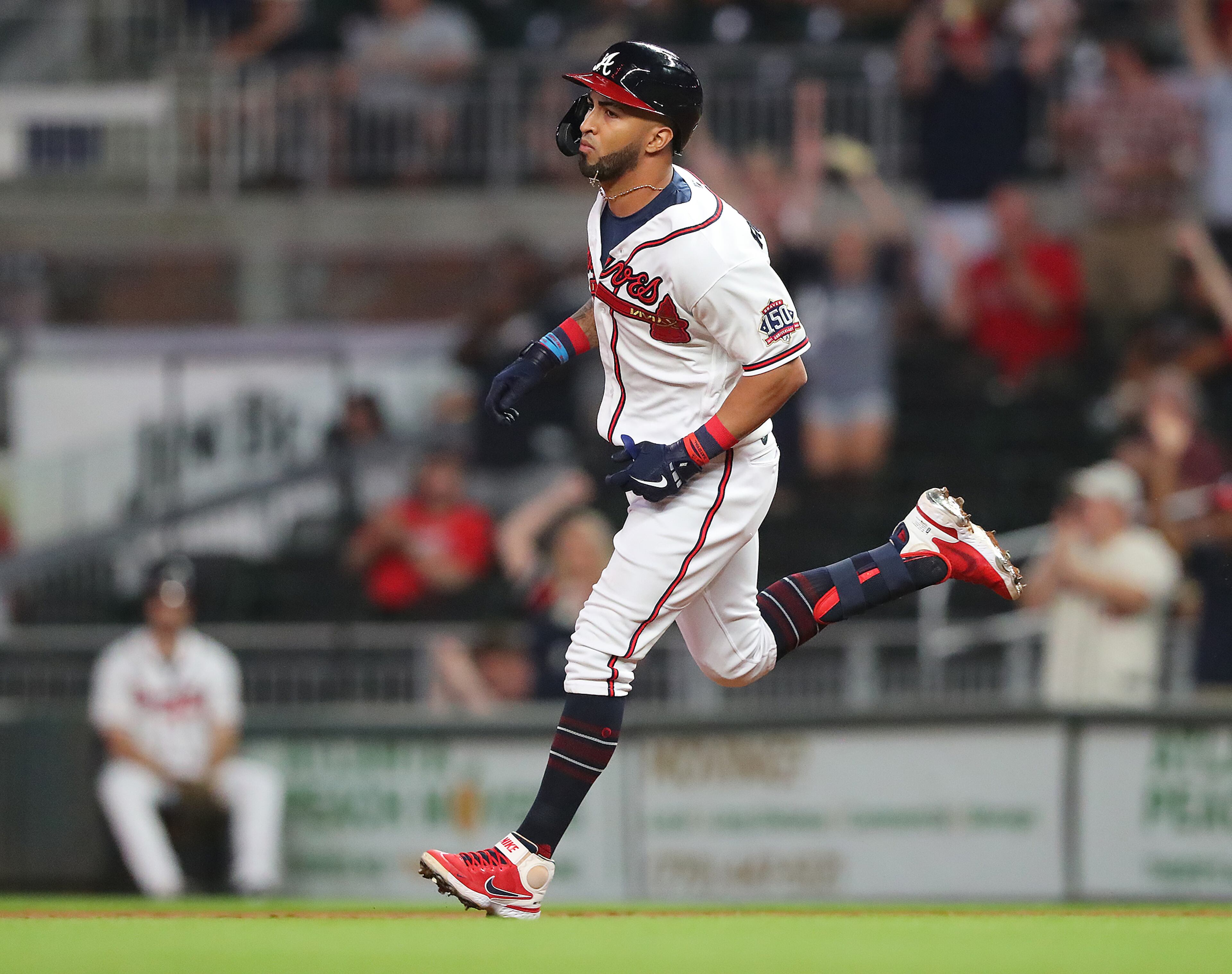 Braves outfielder Eddie Rosario rounds the bases after hitting a solo homer to tie the game 2-2. “Curtis Compton / Curtis.Compton@ajc.com”