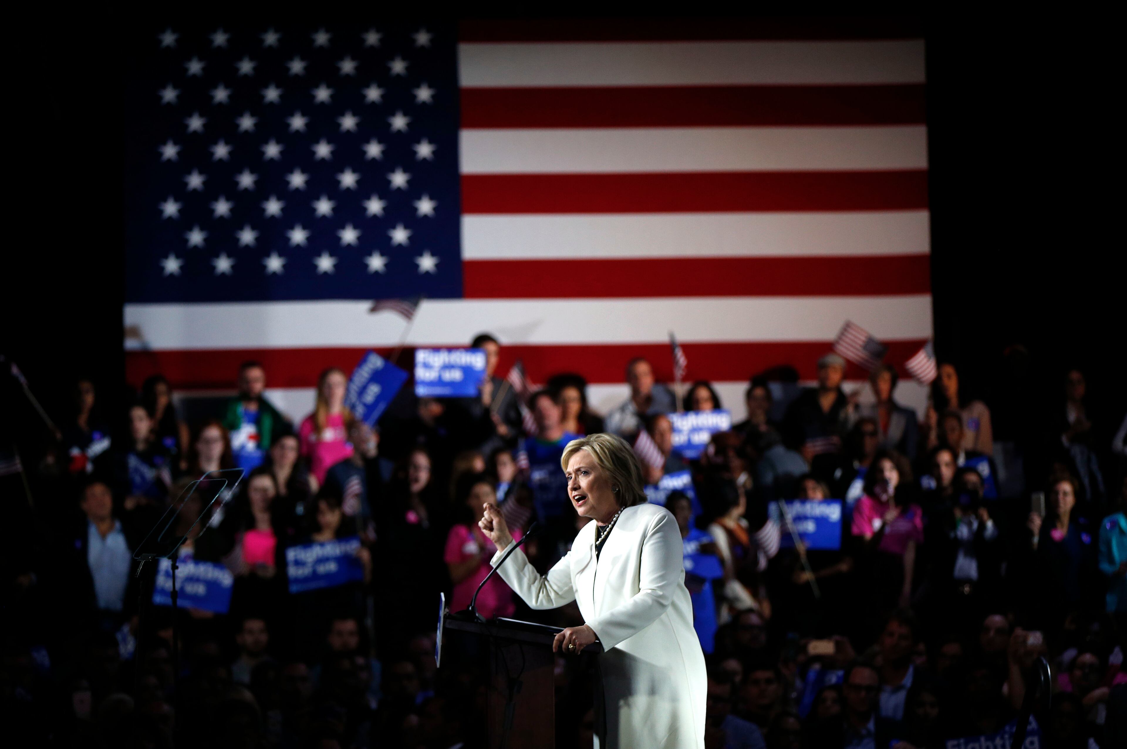 Democratic presidential candidate Hillary Clinton addresses supporters at her Super Tuesday election night rally in Miami, Tuesday, March 1, 2016. (AP Photo/Gerald Herbert)