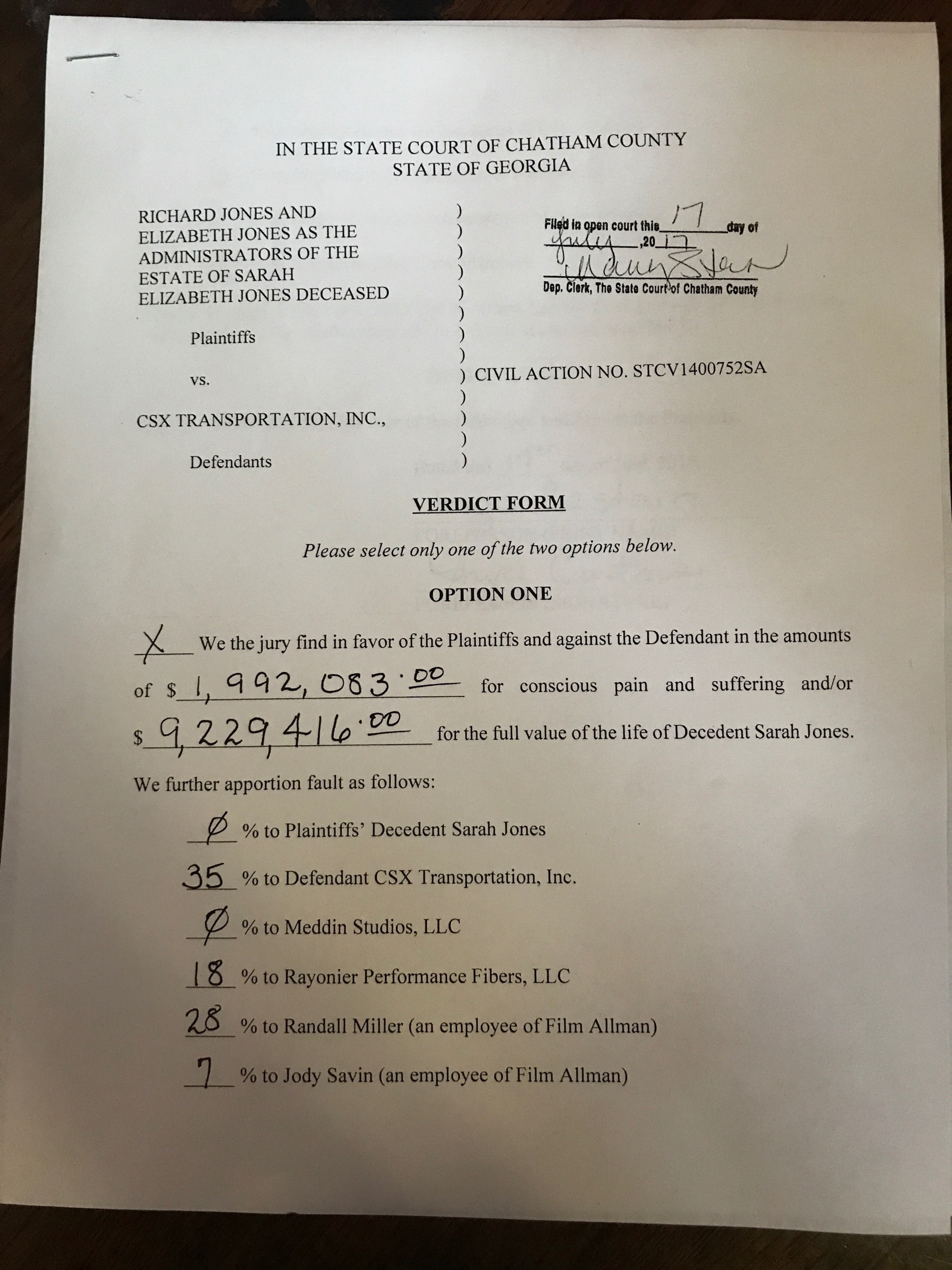 Here is page 1 of the verdict form. Photo provided to the AJC by the Jones family's representative.