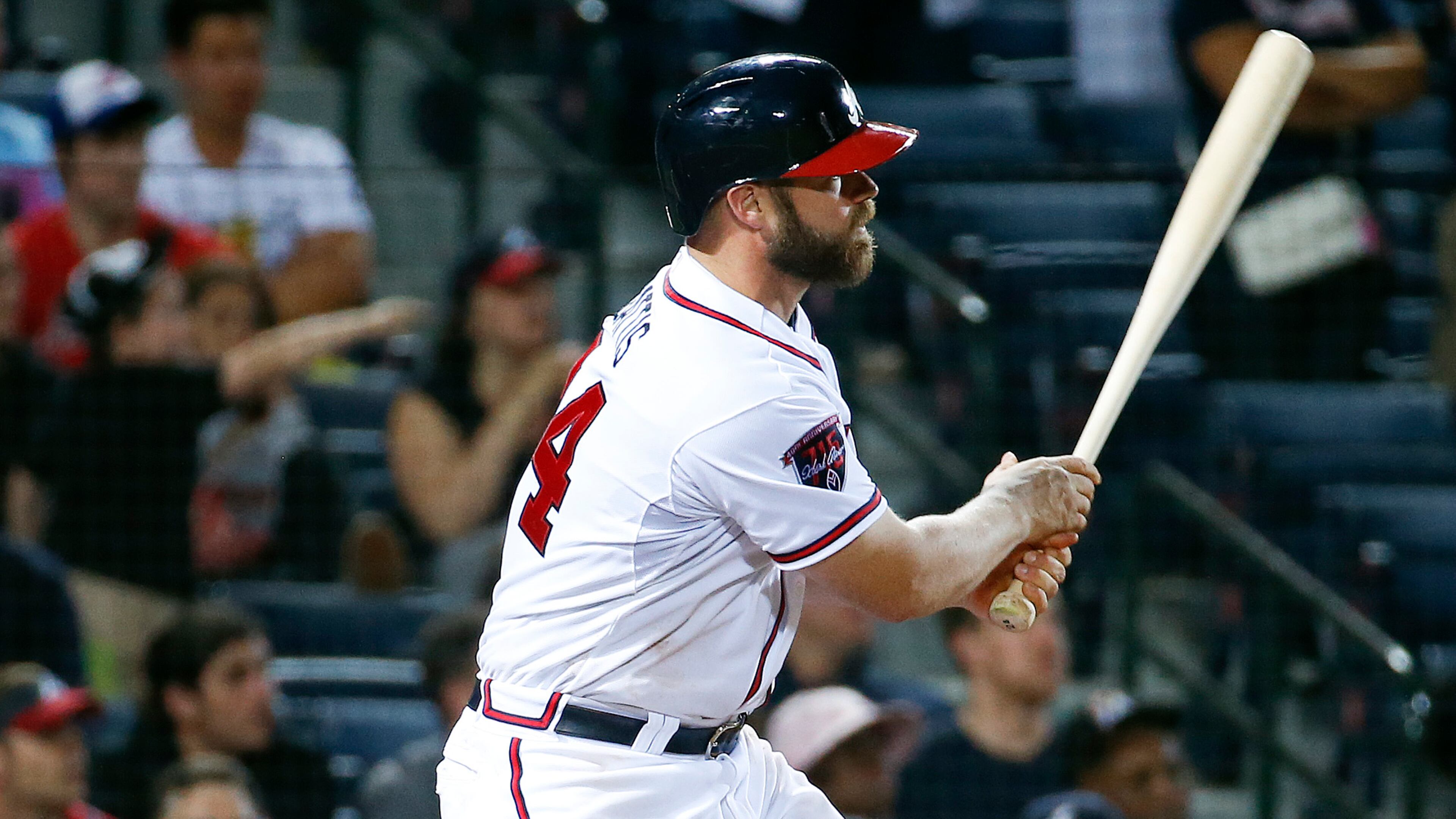Atlanta Braves catcher Evan Gattis follows through with a two-run home run in the 10th inning of a baseball game against the Miami Marlins Monday, April 21, 2014 in Atlanta. The homer gave the Braves a 4-2 victory. (AP Photo/John Bazemore) Evan Gattis' pinch hit two-run double Wednesday followed his walk-off two-run homer on Monday.