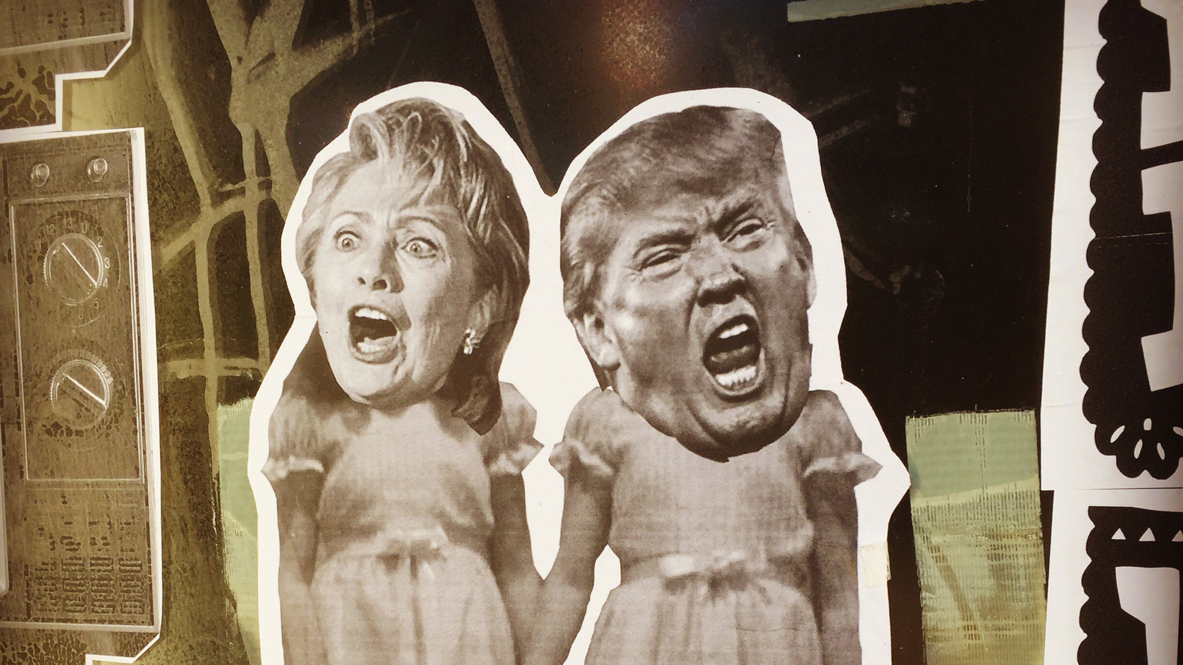 Street Art that pokes fun of the 2016 election by imagining presidential candidates Hillary Clinton and Donald Trump as the frightening twins in the 1980 thriller, The Shining.