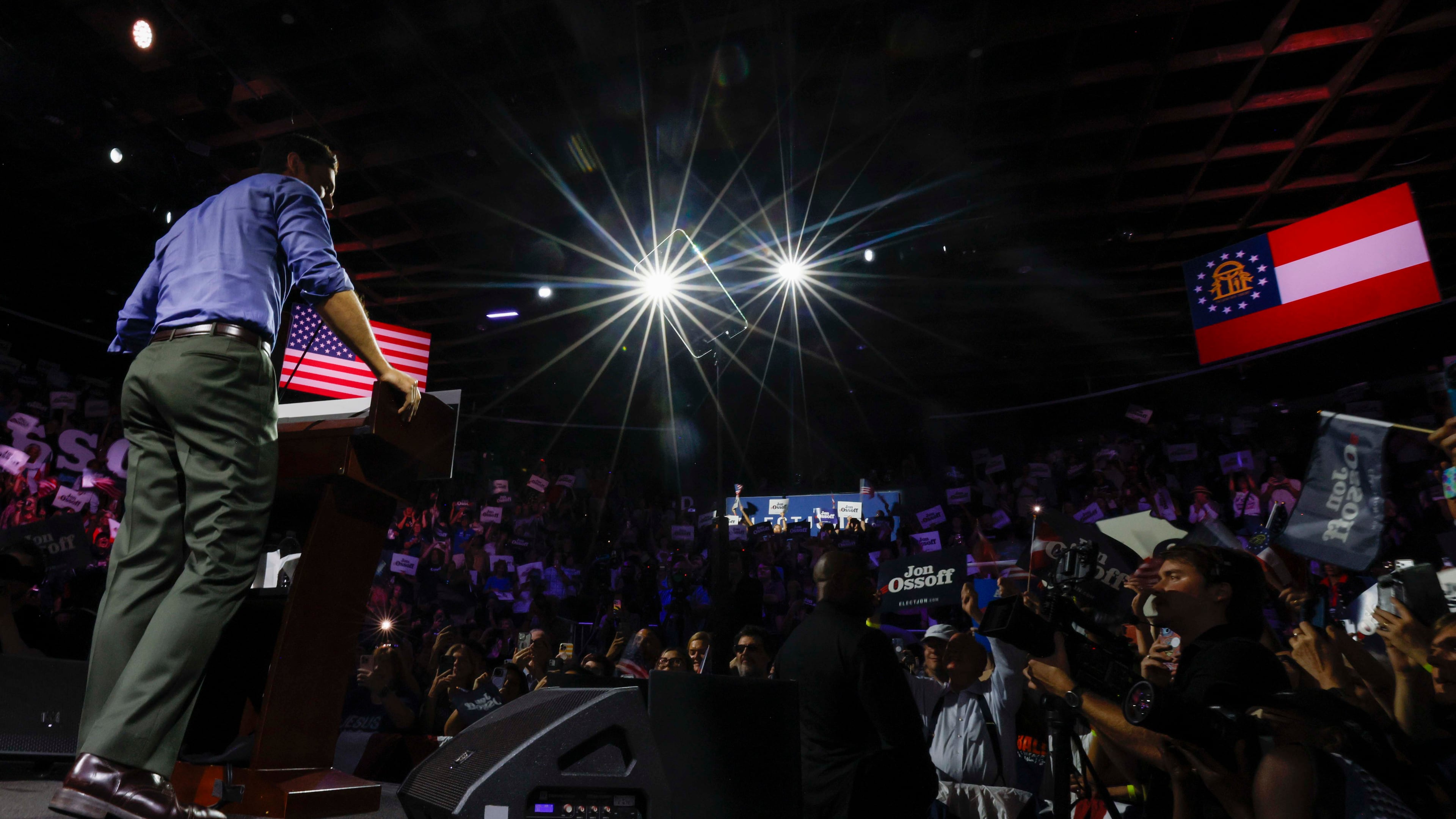 U.S. Sen. Jon Ossoff is seen at the start of a campaign rally at the Center Stage Theater in Atlanta last month. (Miguel Martinez/AJC)