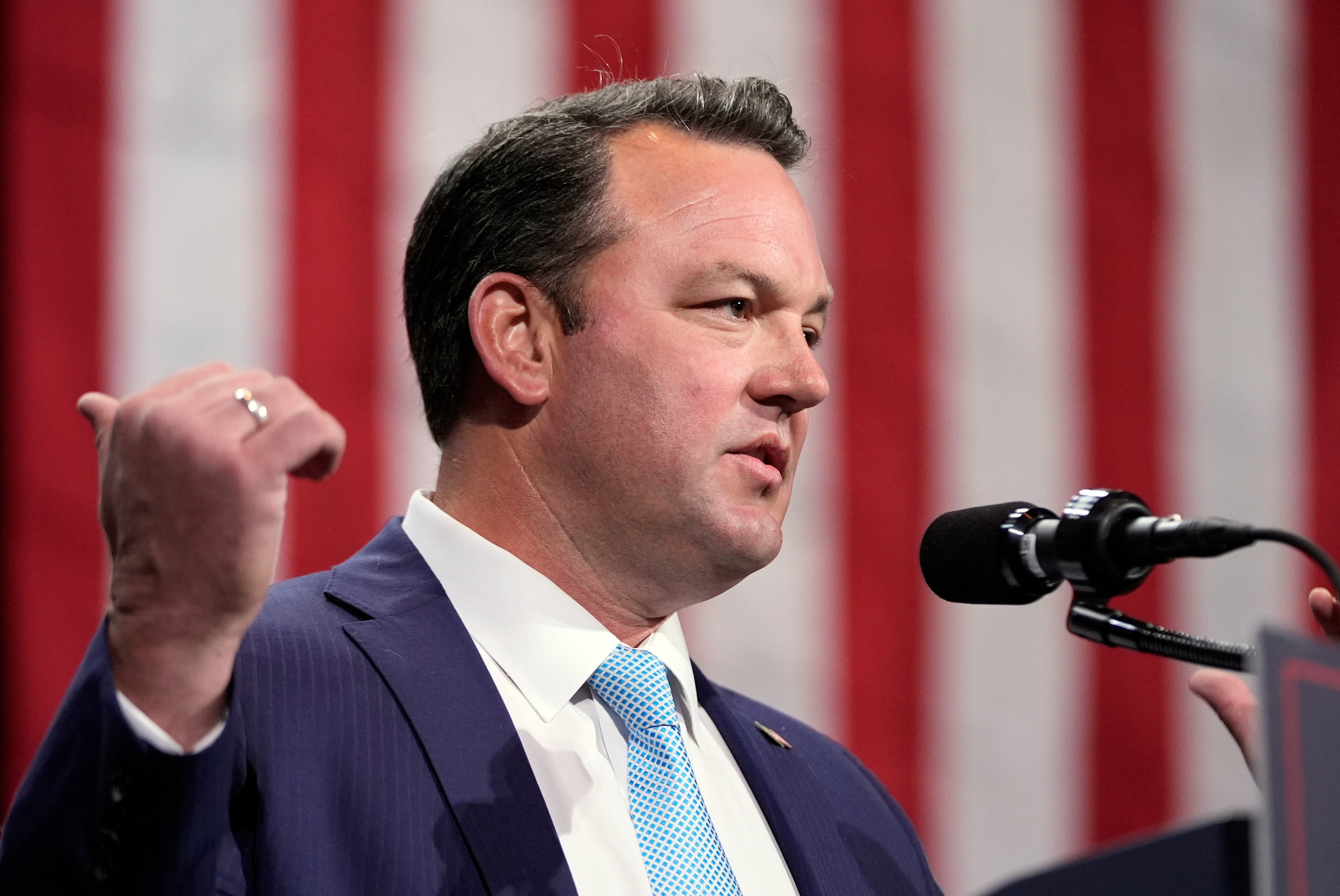 Georgia Lt. Gov. Burt Jones speaks about Republican presidential nominee former President Donald Trump at a campaign event at the Cobb Energy Performing Arts Centre, Oct. 15, 2024, in Atlanta. (Alex Brandon/AP)
