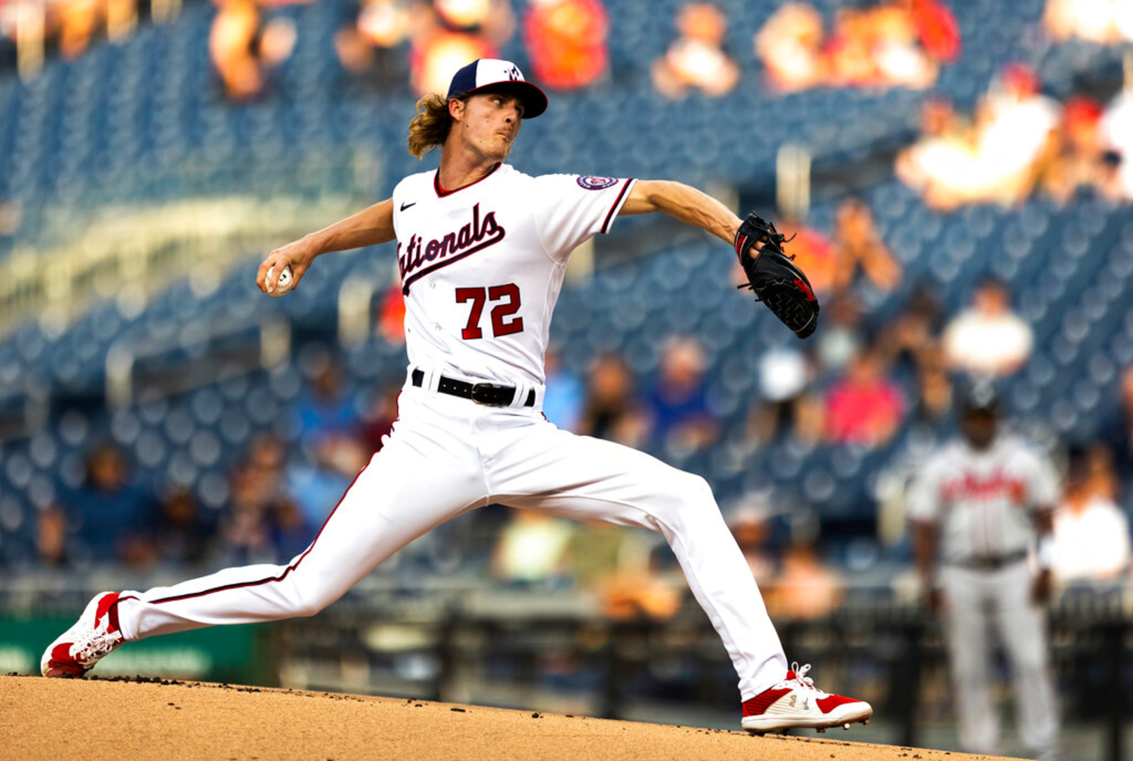 Washington Nationals pitcher Jackson Tetreault throws during the first inning of the team's baseball game against the Atlanta Braves on Tuesday, June 14, 2022, in Washington. (AP Photo/Julia Nikhinson)