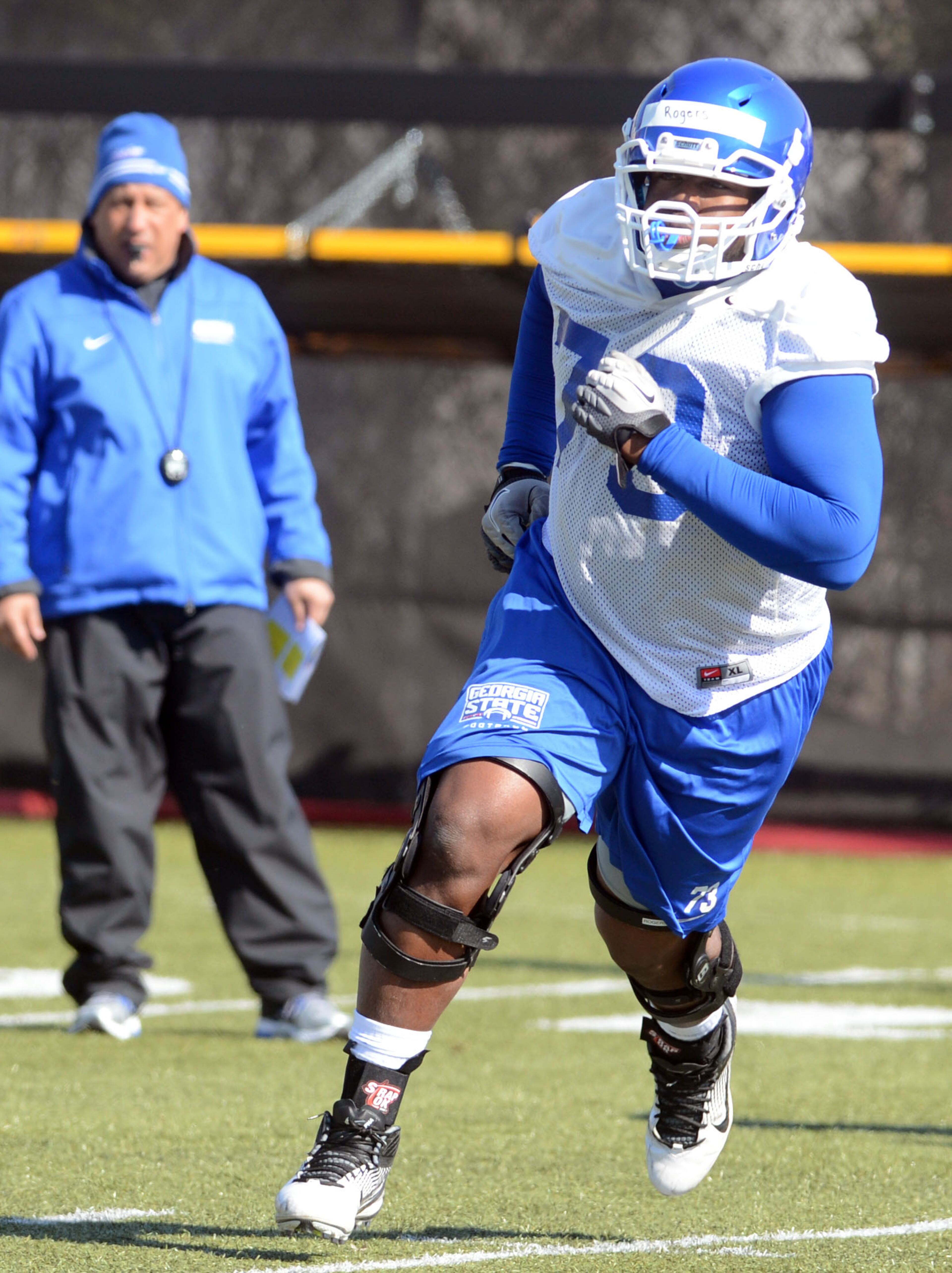 Defensive lineman George Rogers (#73) of Stillwater OK, runs during a drill on Wednesday. Georgia State opened its first spring practice under new head coach Trent Miles at the GSU Practice Complex in downtown Atlanta Wednesday, March 27, 2013.