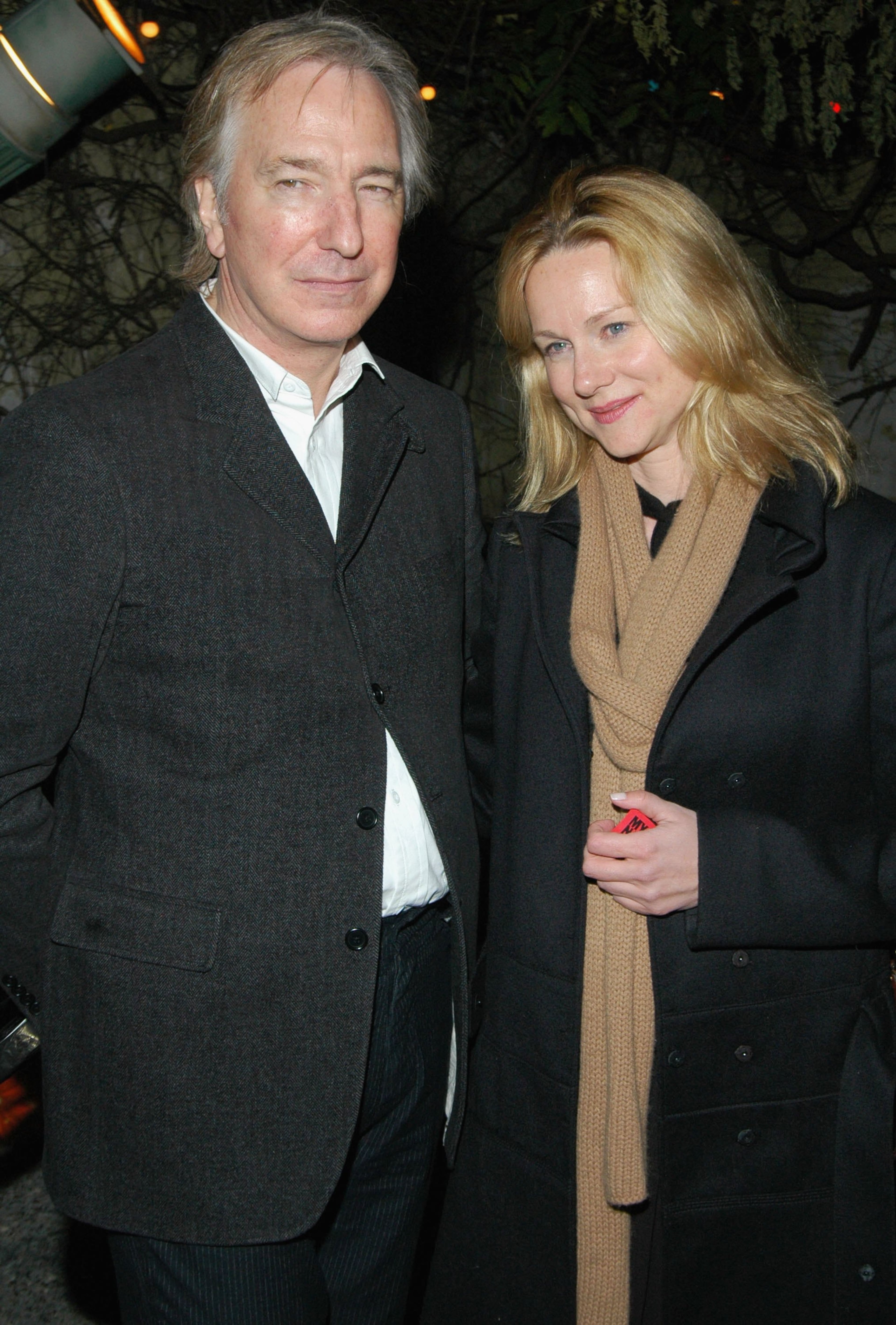 NEW YORK - OCTOBER 15: Actor and Director Alan Rickman and actress Laura Linney pose at the "My Name Is Rachel Corrie" after party at Bowery Bar in New York City on October 15. (Photo by Rob Loud/Getty Images)