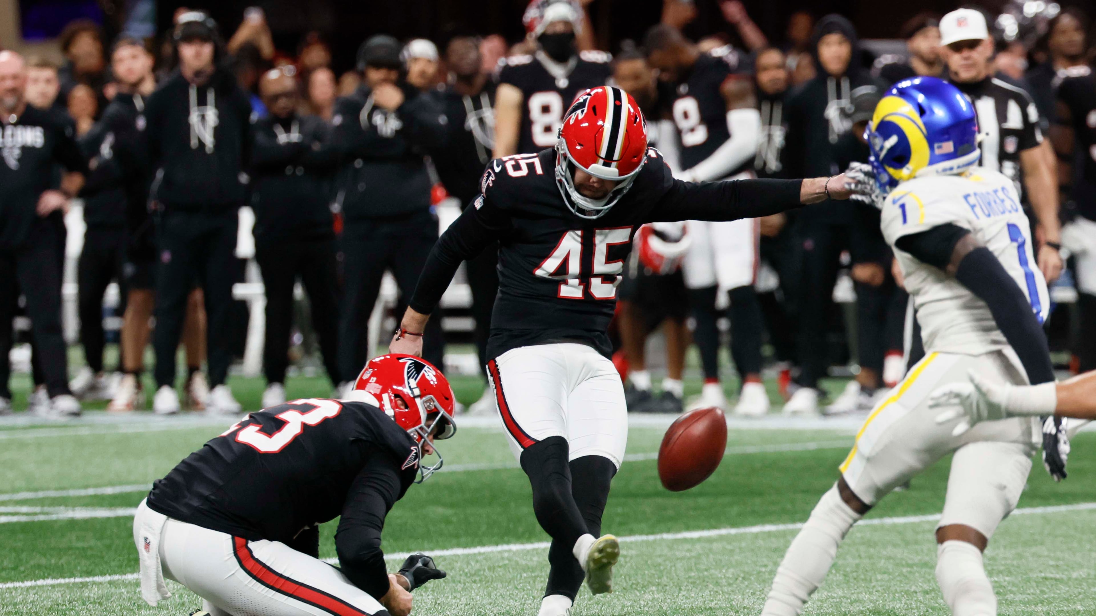 Falcons placekicker Zane Gonzalez kicks a field goal at the end of the game against the Los Angeles Rams on Monday, Dec. 29, 2025, at Mercedes-Benz Stadium in Atlanta. (Miguel Martinez/AJC)