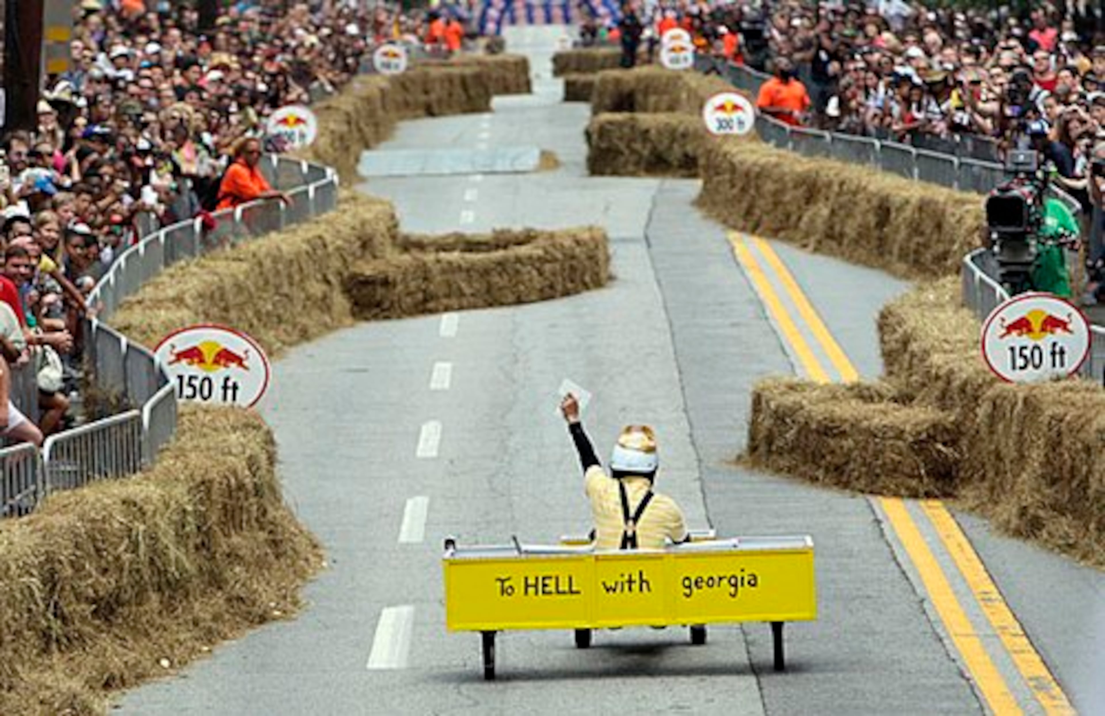 The "Truly Tremendous Tech Tower T," from Atlanta, heads down the course.