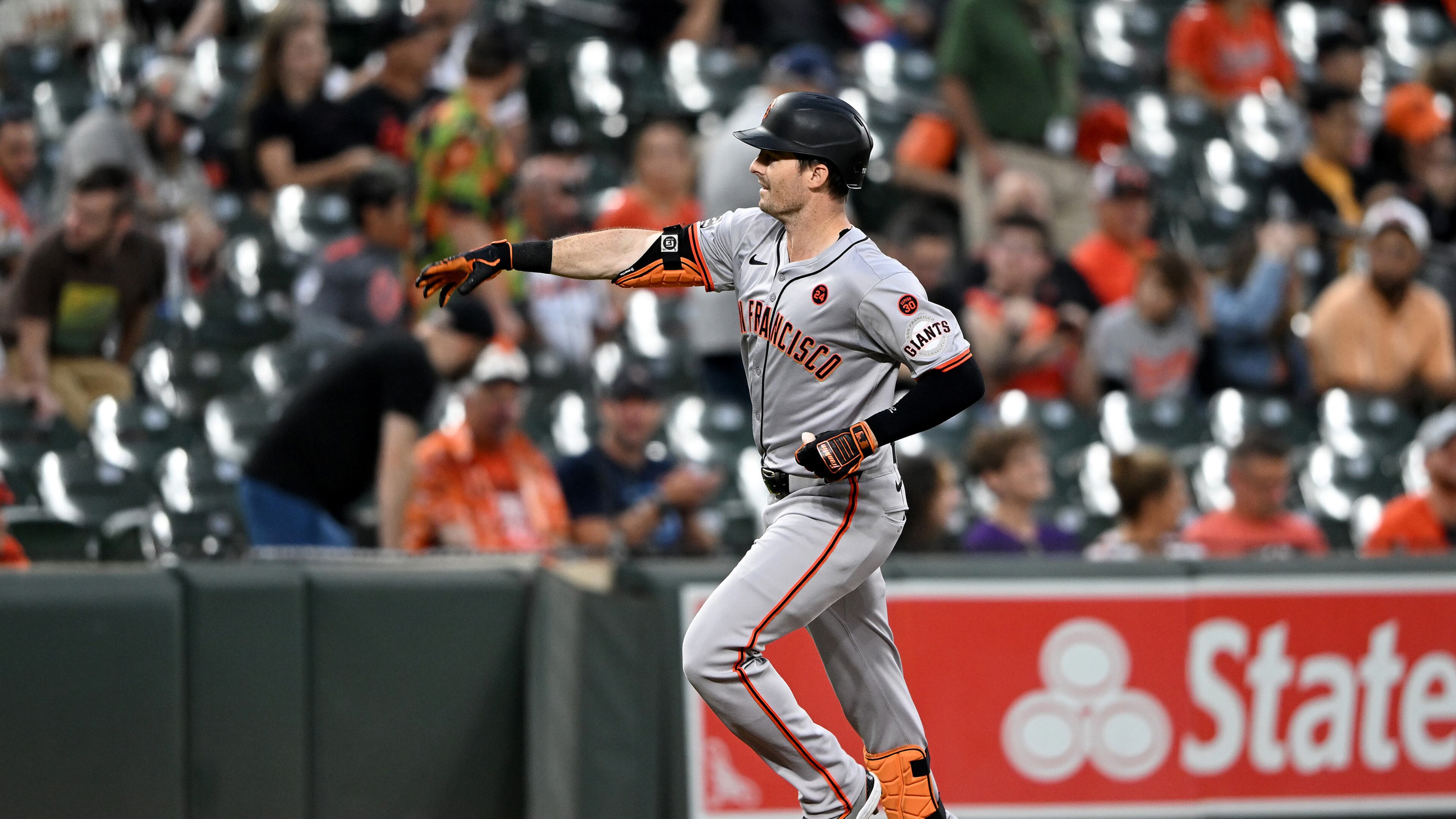 Mike Yastrzemski celebrates after hitting a home run at Oriole Park at Camden Yards on Wednesday, Sept. 18, 2024, in Baltimore. (Greg Fiume/Getty Images/TNS)