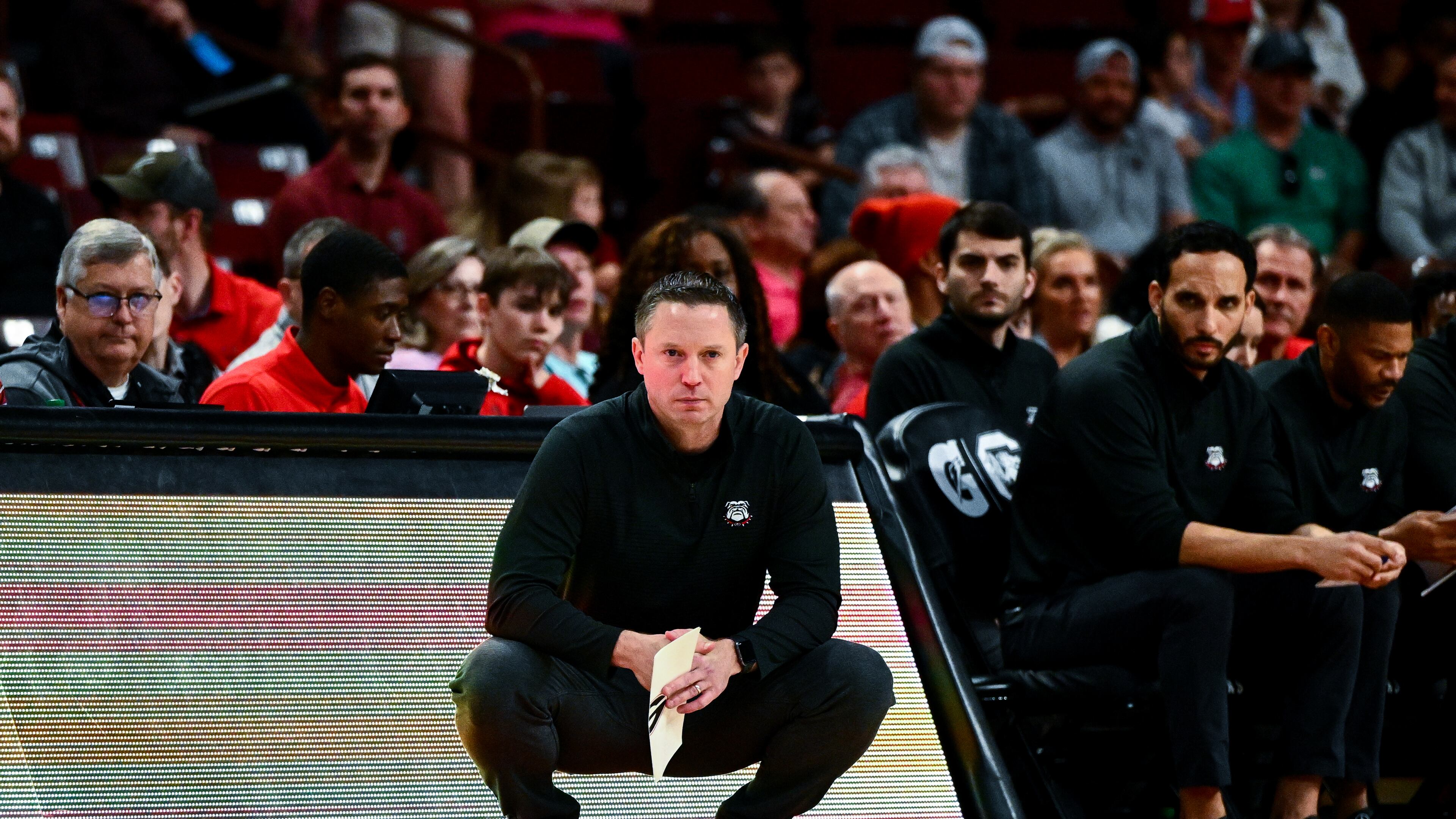 Georgia coach Mike White looks on from the sideline as the Bulldogs compete with South Carolina at Colonial Life Arena in Columbia, S.C., on Saturday, Mar. 4, 2023. (Rob Davis/UGA Athletics)