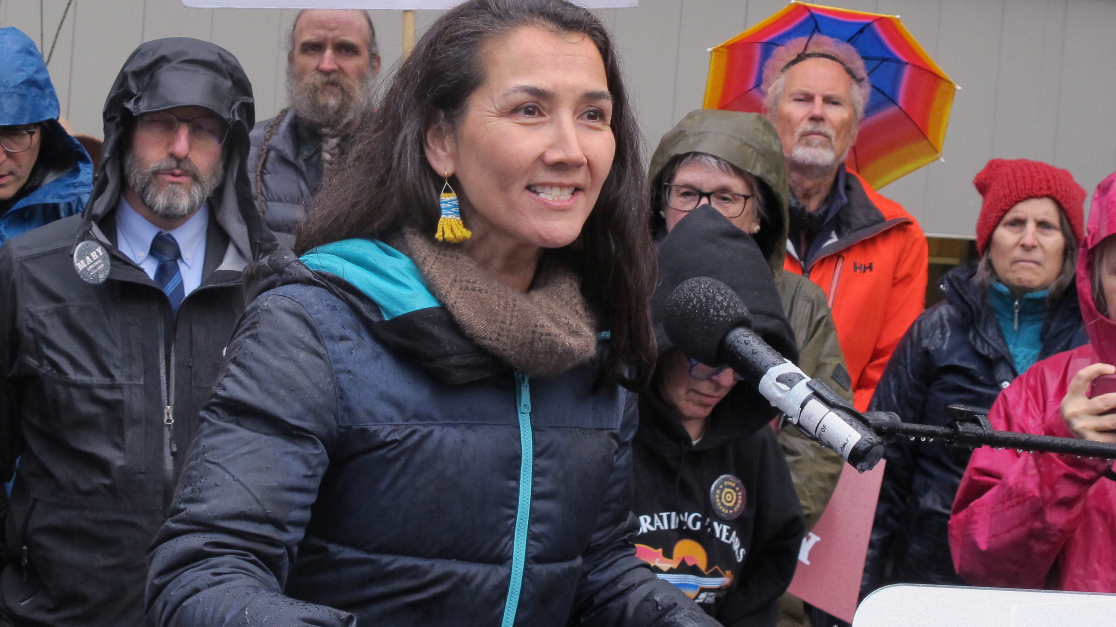 FILE - Alaska U.S. Senate candidate Mary Peltola, a Democrat, speaks during a campaign rally on May 14, 2026, in Juneau, Alaska. (AP Photo/Becky Bohrer, file)