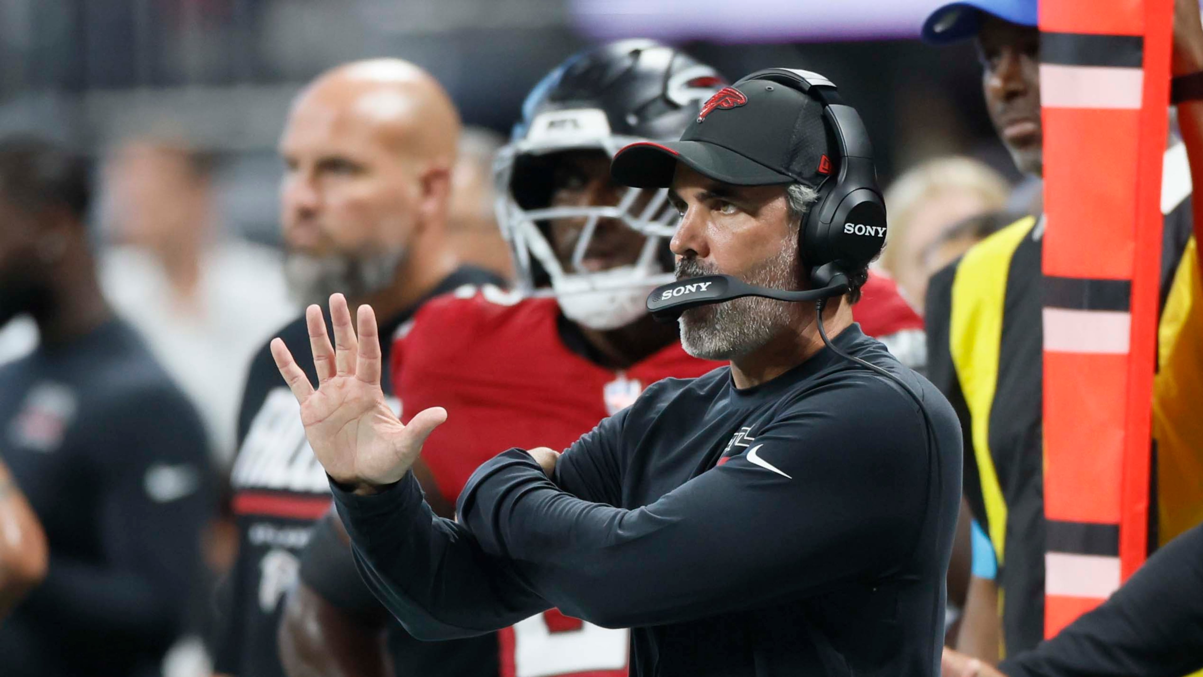 Falcons coach Kevin Stefanski gives directions during the second half against the Panthers on Sunday, Sept. 20, 2026, at Mercedes-Benz Stadium in Atlanta. The Falcons play Thursday against the Packers, and Stefanski went 5-0 on "Thursday Night Football" when he was the Browns' coach. (Miguel Martinez/AJC)