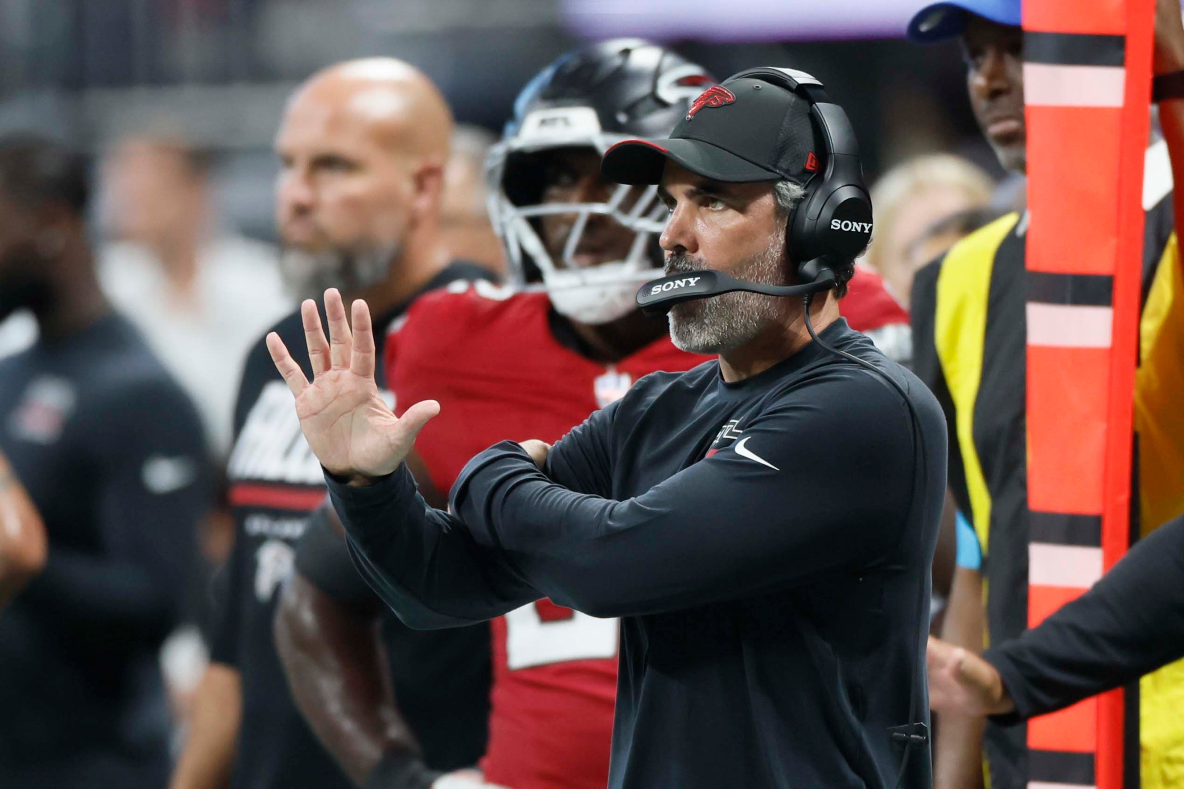Atlanta Falcons head coach Kevin Stefanski gives directions during the second half of an NFL football game against the Carolina Panthers at Mercedes-Benz Stadium in Atlanta on Sunday, Sept. 20, 2026. (Miguel Martinez/AJC)