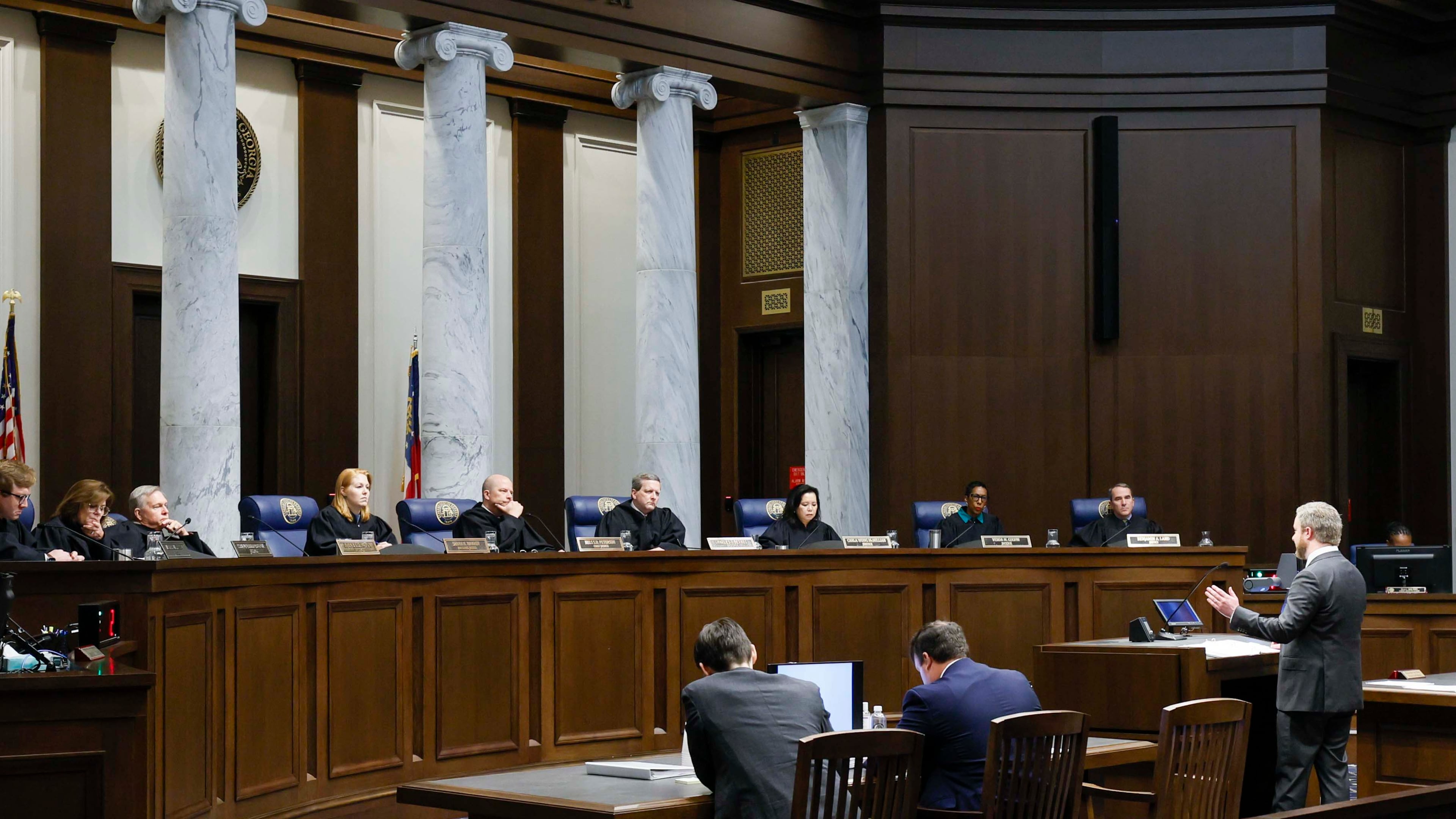Attorney Justin Gunter (right), representing the Fulton County Republican Party, argues before the Georgia Supreme Court at the Nathan Deal Judicial Center on Wednesday, Oct. 14, 2026, in Atlanta. The case will decide whether Fulton County must accept two GOP nominees to the county election board. One challenged the eligibility of thousands of voters, and the other twice refused to certify elections as required by law. (Miguel Martinez/AJC)