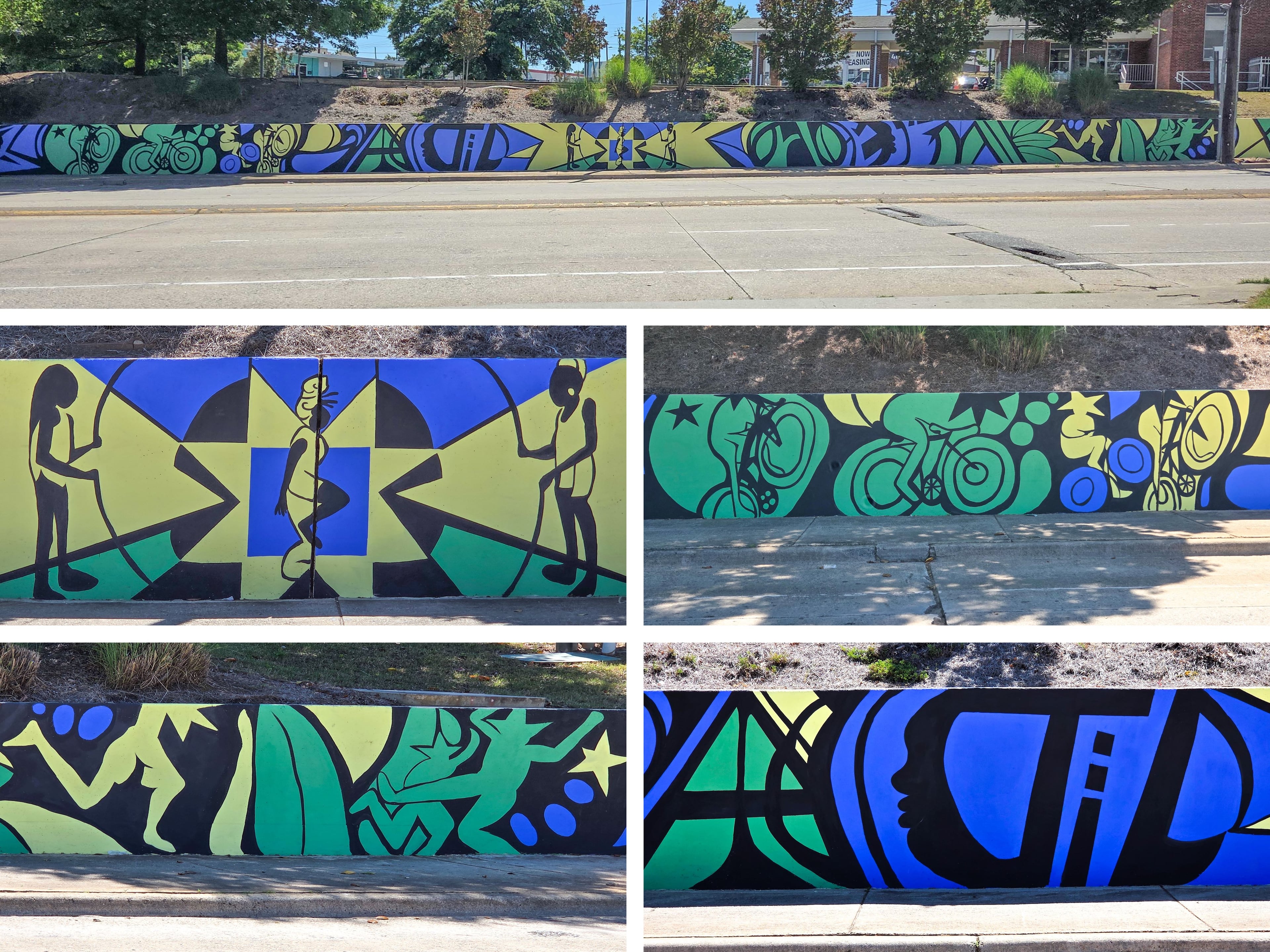 A composite of photos of Cienna Minniefield's “Sky of Jumping Stars” mural — conveying the artist's intent to capture the "playfulness and whimsicalness of Atlanta,” (Courtesy of Arthur Rudick)