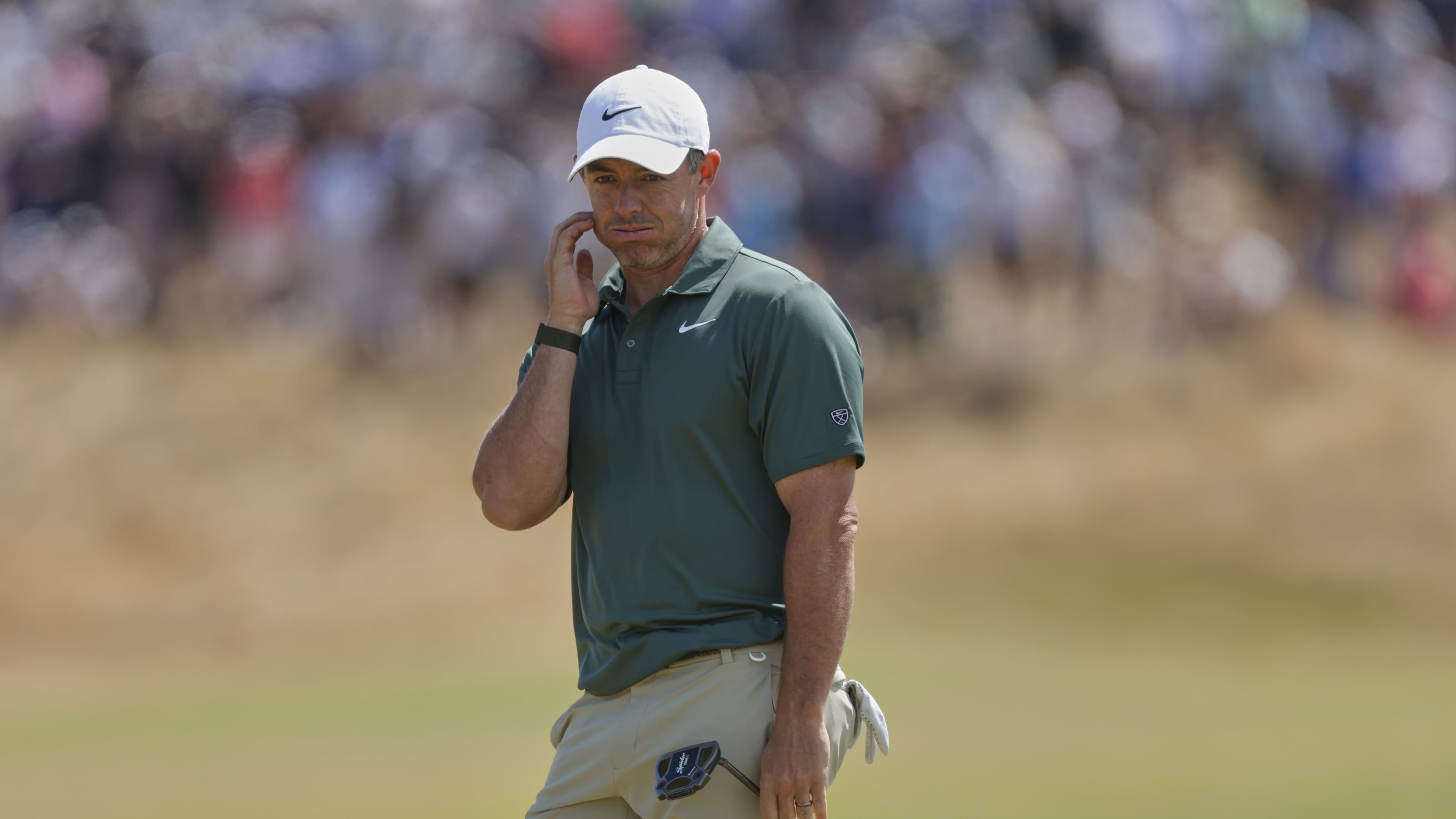 Rory McIlroy of Northern Ireland reacts after putting on the 5th green during the final day of the British Open Golf championships at Royal Birkdale golf club, in Southport, England, Sunday, July 19, 2026. (AP Photo/Peter Morrison)