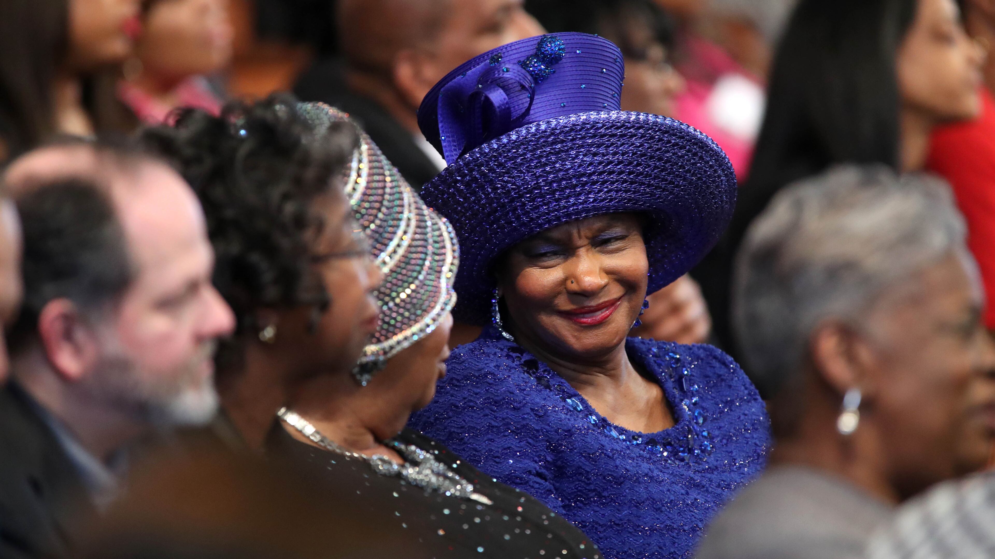 January 16, 2017 - Atlanta, Ga: A spectator wears bright blue during the 49th annual Martin Luther King Jr. Commemorative Service at Ebenezer Baptist Church Monday, January 16, 2017, in Atlanta, Ga. PHOTO / JASON GETZ