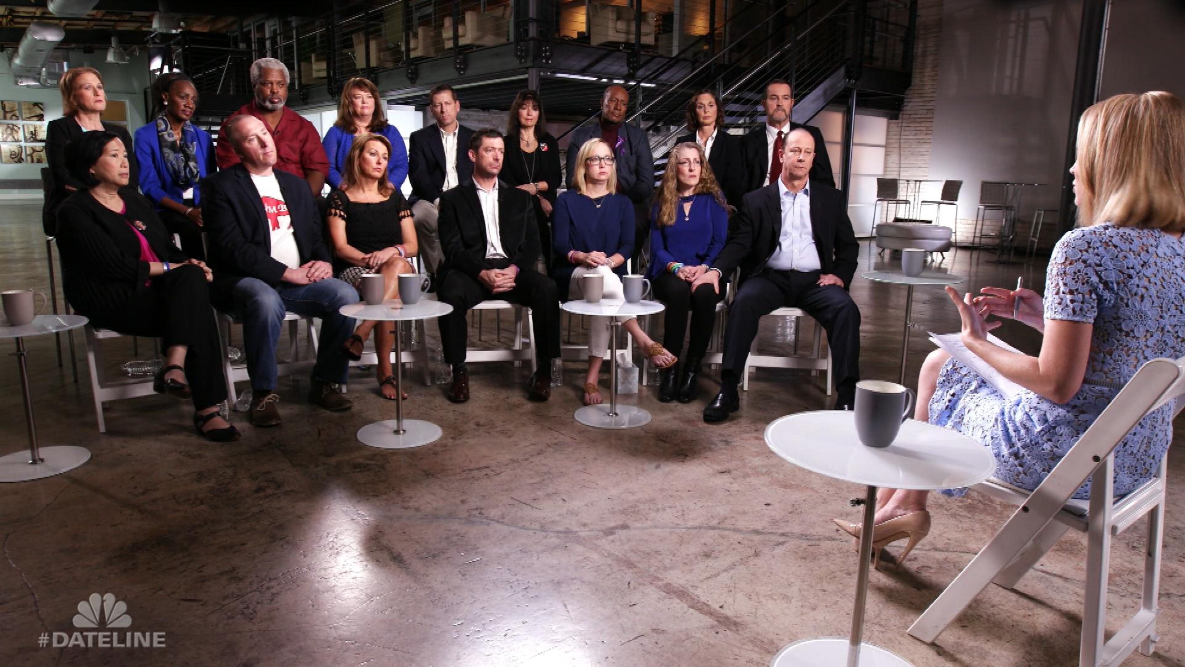 Pam and Robert Champion -- back row, second and third from the left, respectively -- are among the parents of hazing victims who sat with NBC News' Andrea Canning, in the foreground, for a recent interview. (HANDOUT PHOTO)