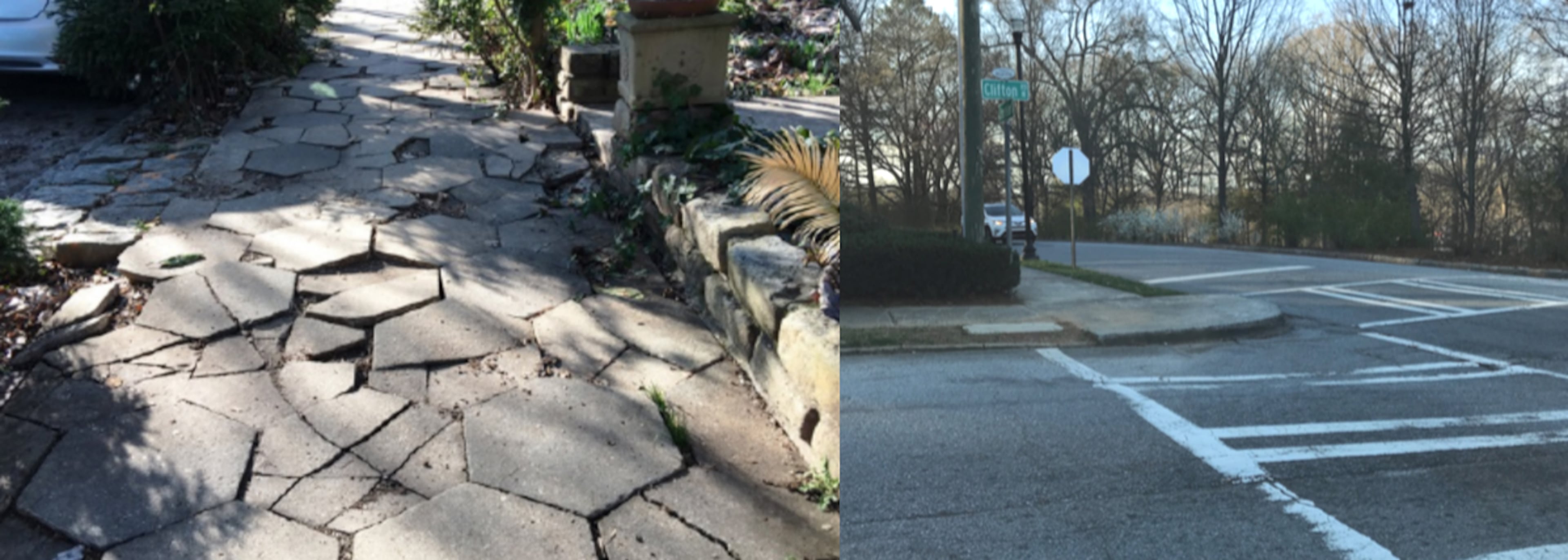 Seven years ago, wheelchair users sued Atlanta, alleging unsafe sidewalks and crosswalks. On left, broken pavement on a Dixie Avenue sidewalk. On right, a missing ramp on the curb at Clifton Road and Ponce de Leon Avenue.